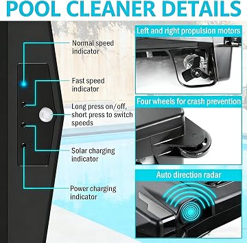 Solar Powered Robotic Pool Skimmer Cleaner, 3+ Hours Runtime, Auto Obstacle Avoidance, Dual Charging, IPX7 for Pools Up to 80m2