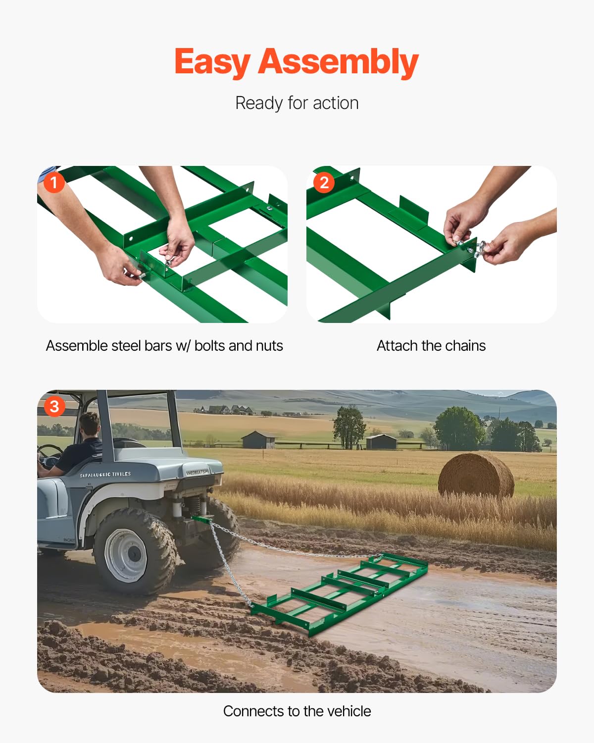 VEVOR Erpice Trainato per Impieghi Gravosi con Barre Regolabili e Catena 1830 mm, per Vialetti per ATV, UTV, Trattore, Tosaerba Trainato Dietro Strumento di Livellamento del Prato Cortile