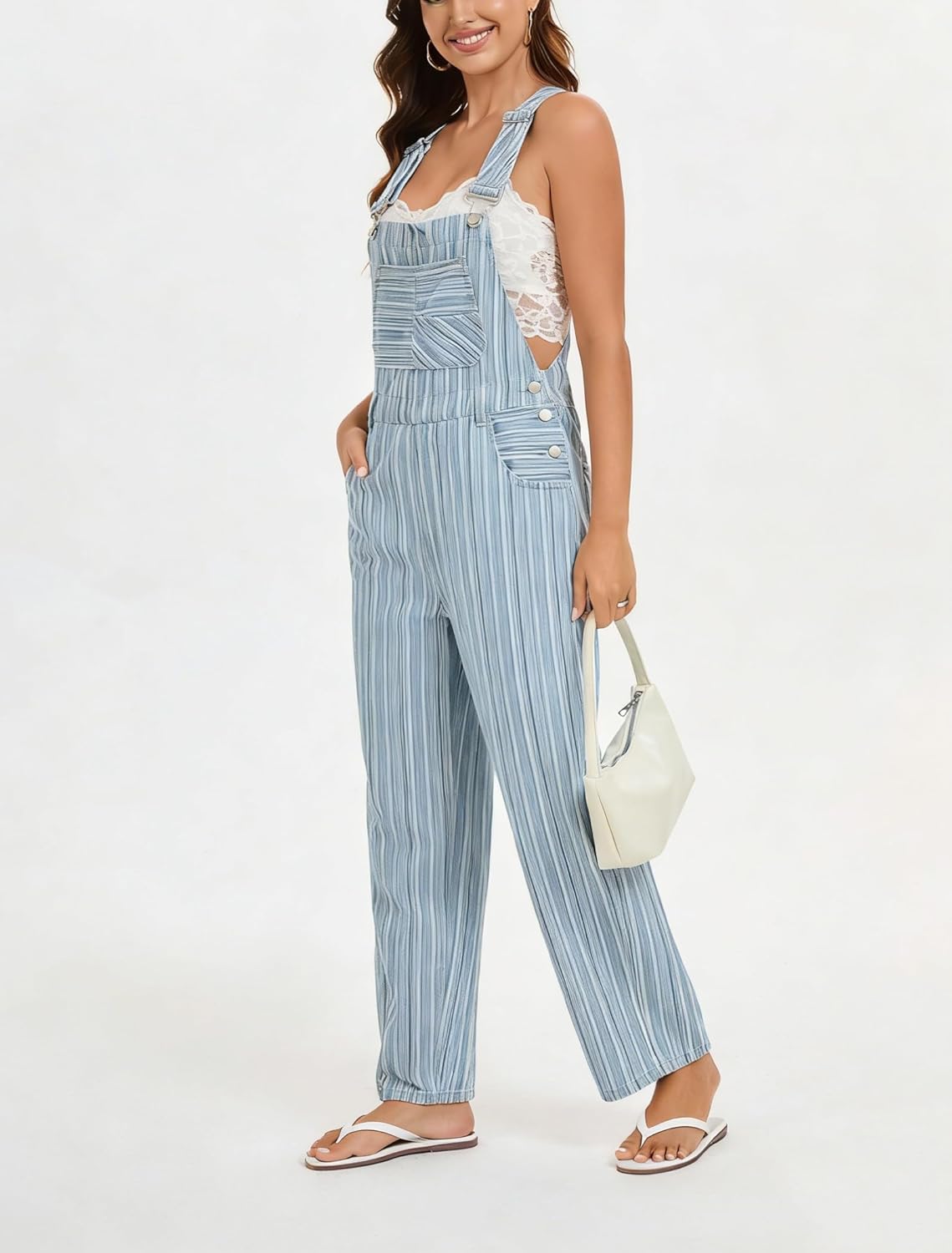 Ladyful Striped Denim Bib Overalls for Womens Loose Fit Wide Leg Denim Jumpsuit Pant Baggy Work Jean Romper