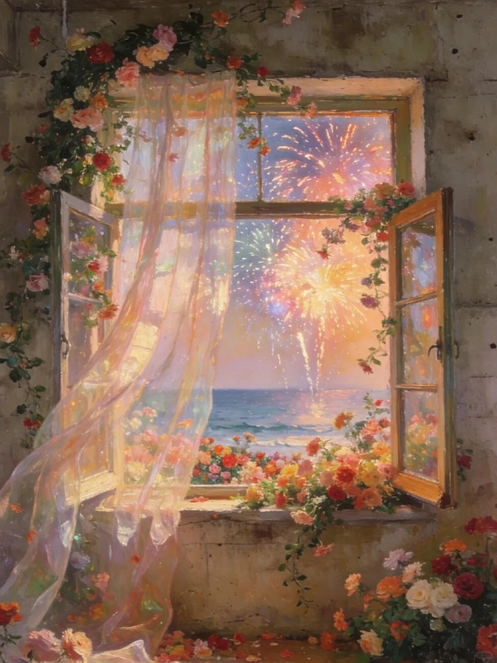 Henypt Cross Stitch Kit Flowers by the Window Landscape DIY Arts Aand Craft Kit for Beginners The Elderly with Accessories Handmade DIY/Gifts 14CT 40x50cm
