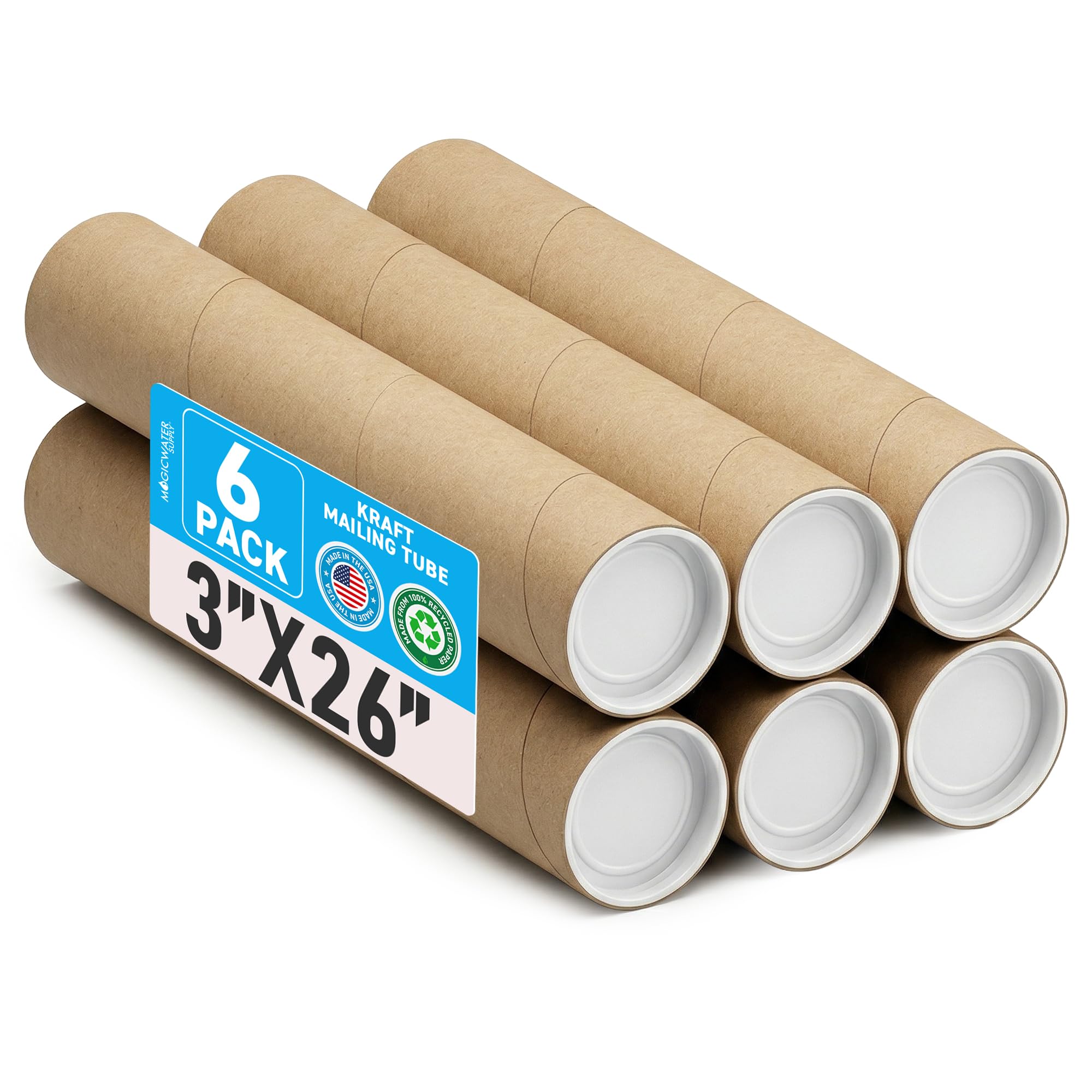MagicWater Supply 3 x 26 Inch Kraft Mailing Tubes with End Cap - 6 Pack