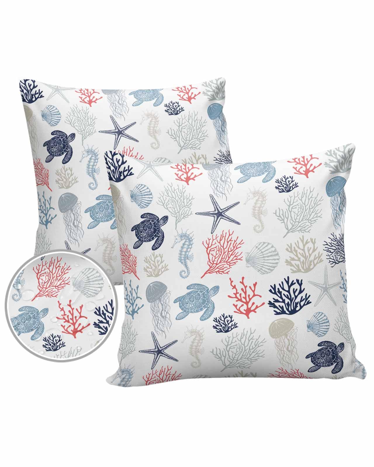 Boanket Outdoor Pillow Covers 16 x 16 in, Blue Red Coastal Waterproof Throw Pillow Cover Set of 2, Sea Turtle Nautical Coral Summer Beach Home Decorative Square Cushion Covers for Patio/Couch/Garden