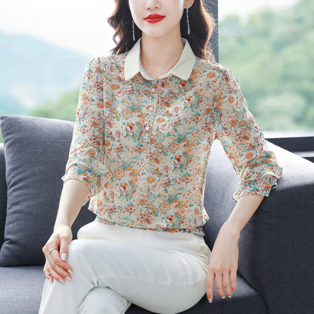 MIDJ Elegantes Lässiges Langarm-Top,Damen Leichte Pullover Shirts Elegante Satin Bluse Shirt Rüschen 3/4 Ärmel Gelber Druck Tunika Chiffon Shirt Tops Casual Büro Business Bluse Für Mädchen Damen
