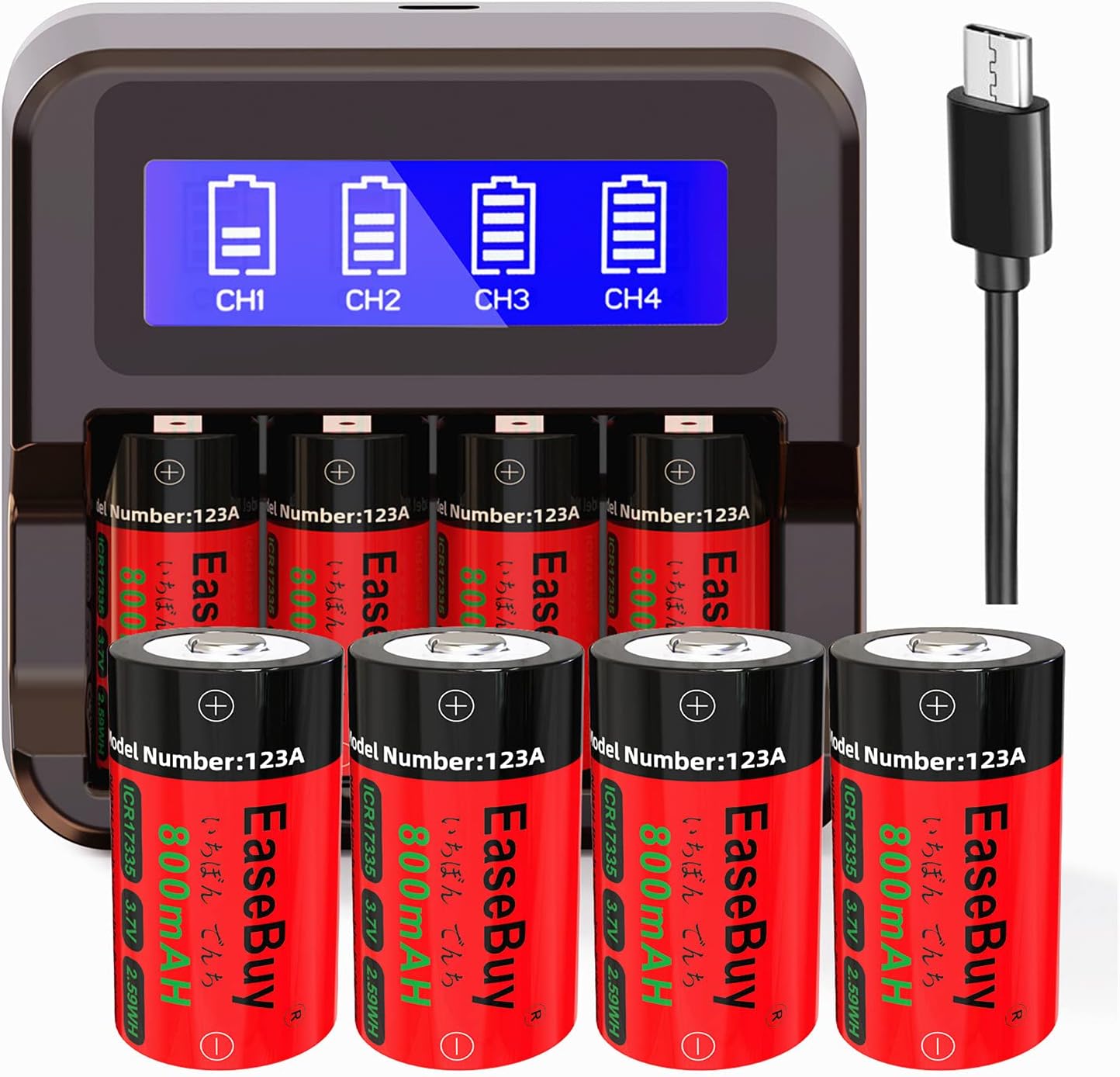 Arlo Rechargeable Batteries 8 Pack, 800mAH ICR17335 NiMh 123A Batteries and CR123A Charger for Arlo VMS3130 VMC3030 VMK3200 VMS3330 3430 3530 Cameras, August Pro, Flashlight