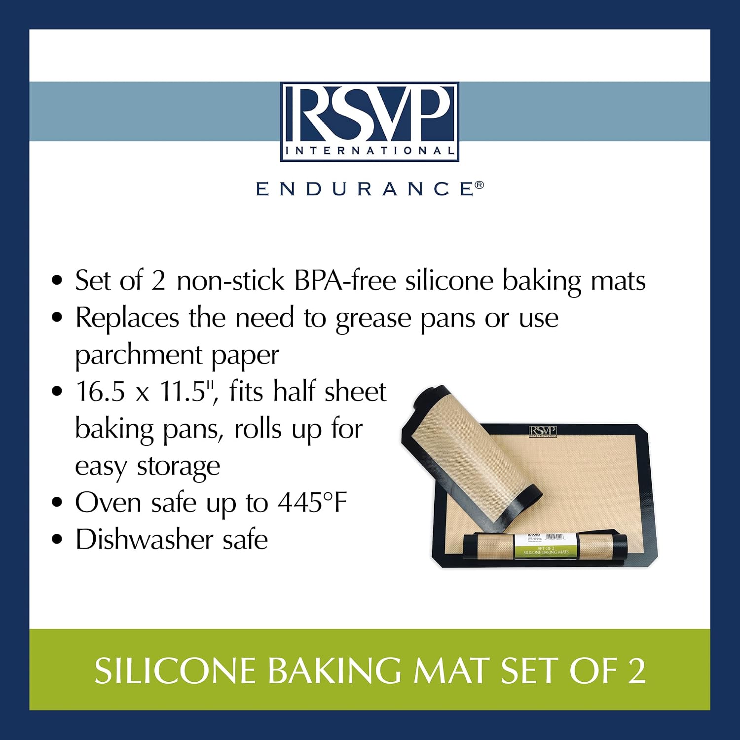 RSVP International Baking Collection, Food Grade Silicone Kitchen, Dishwasher Safe, Baking Mat, 16.5x11.5, 2-Piece, Tan/Black