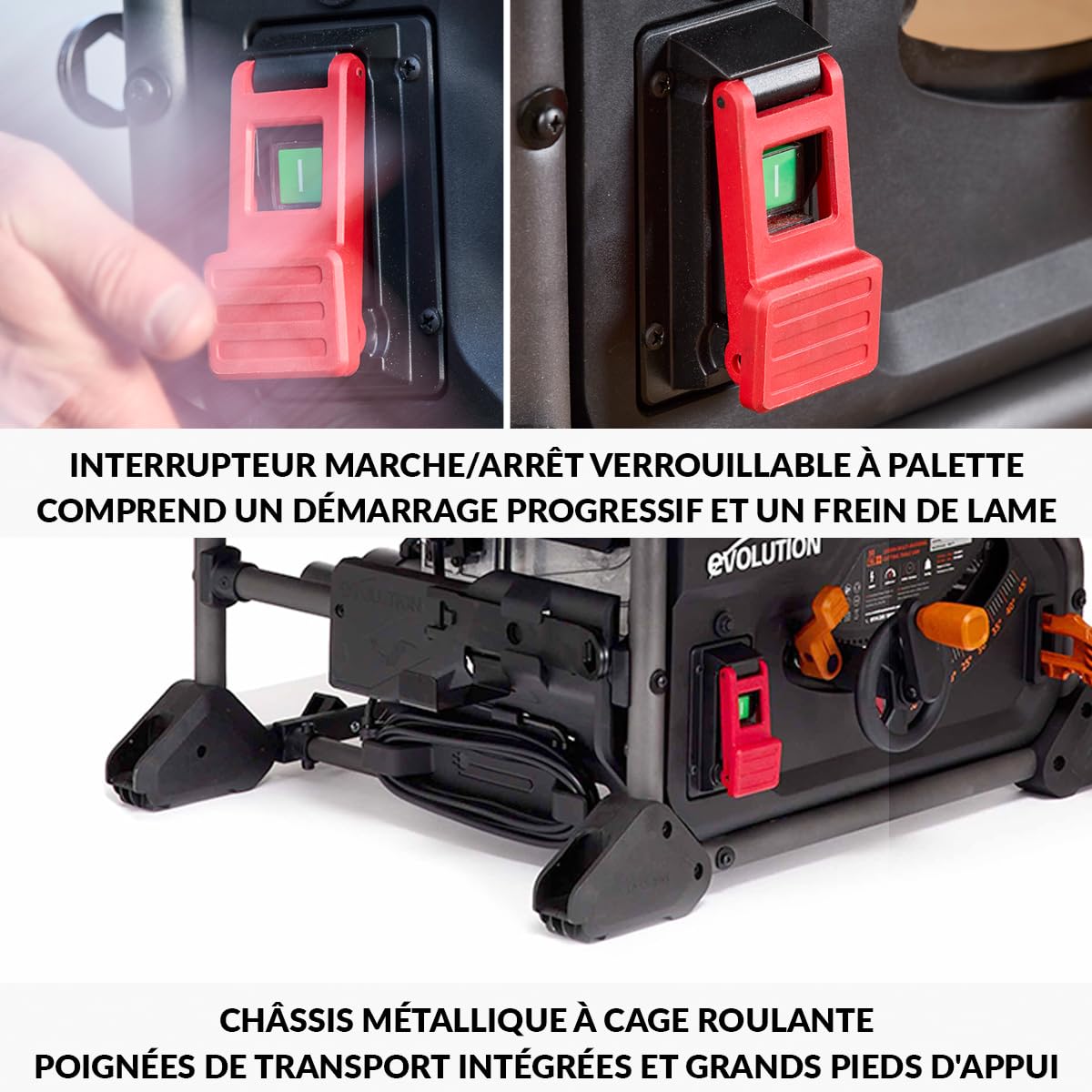 Evolution Power Tools R255TBL+ Scie De Table Rage 5-S Lame Multi-Matériaux 1800W Coupe Bois Métal Plastique Chanfrein 45° Onglet +/-60°