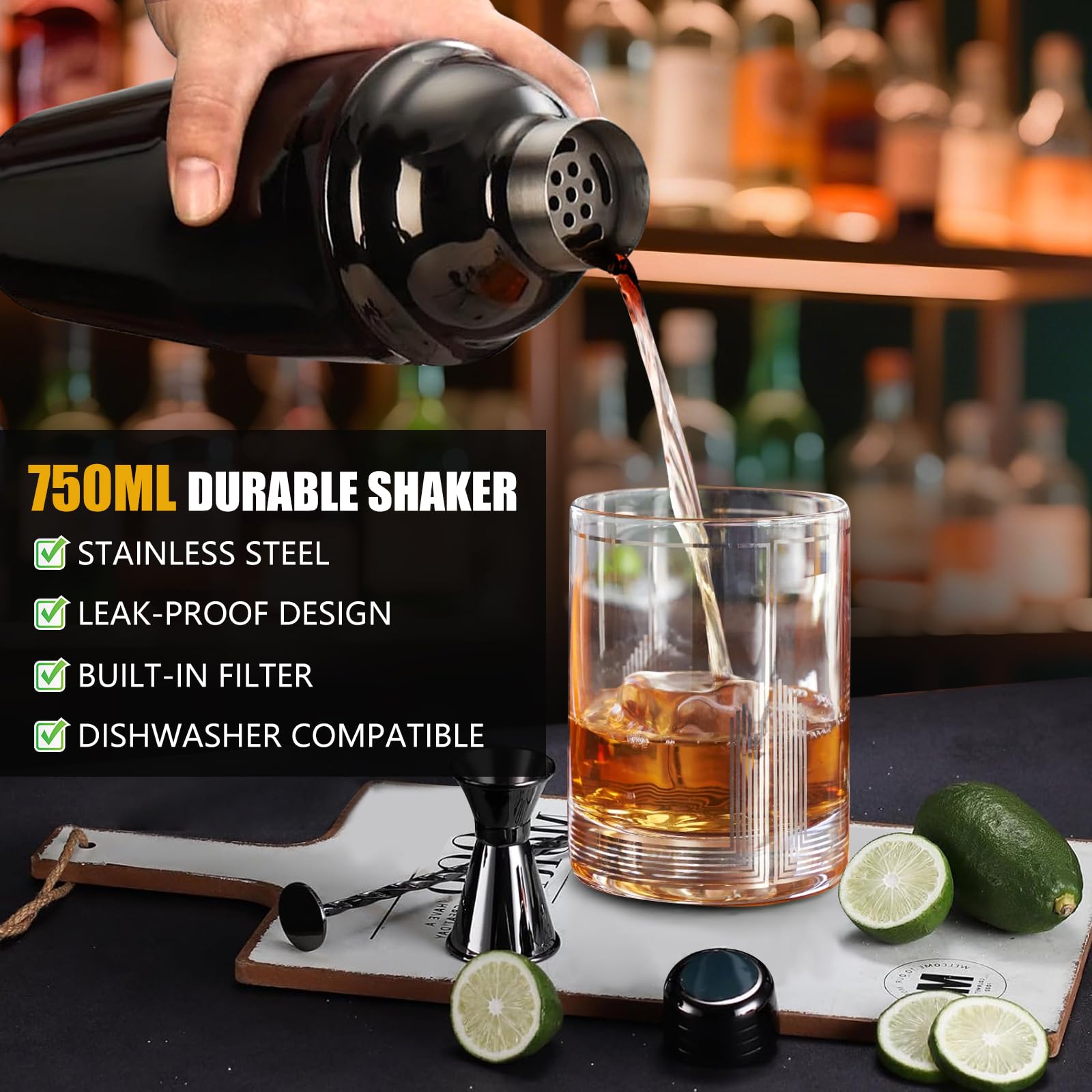AOKITO Cocktail Shaker Set, 12 Teiliges Edelstahl Cocktail Bar Set Barzubehör, 750ml Cocktailshaker, Barkeeper Zubehör Set, Cocktails Mixer Set, mit Holzständer für Zuhause Oder die Bar, Cocktailbuch