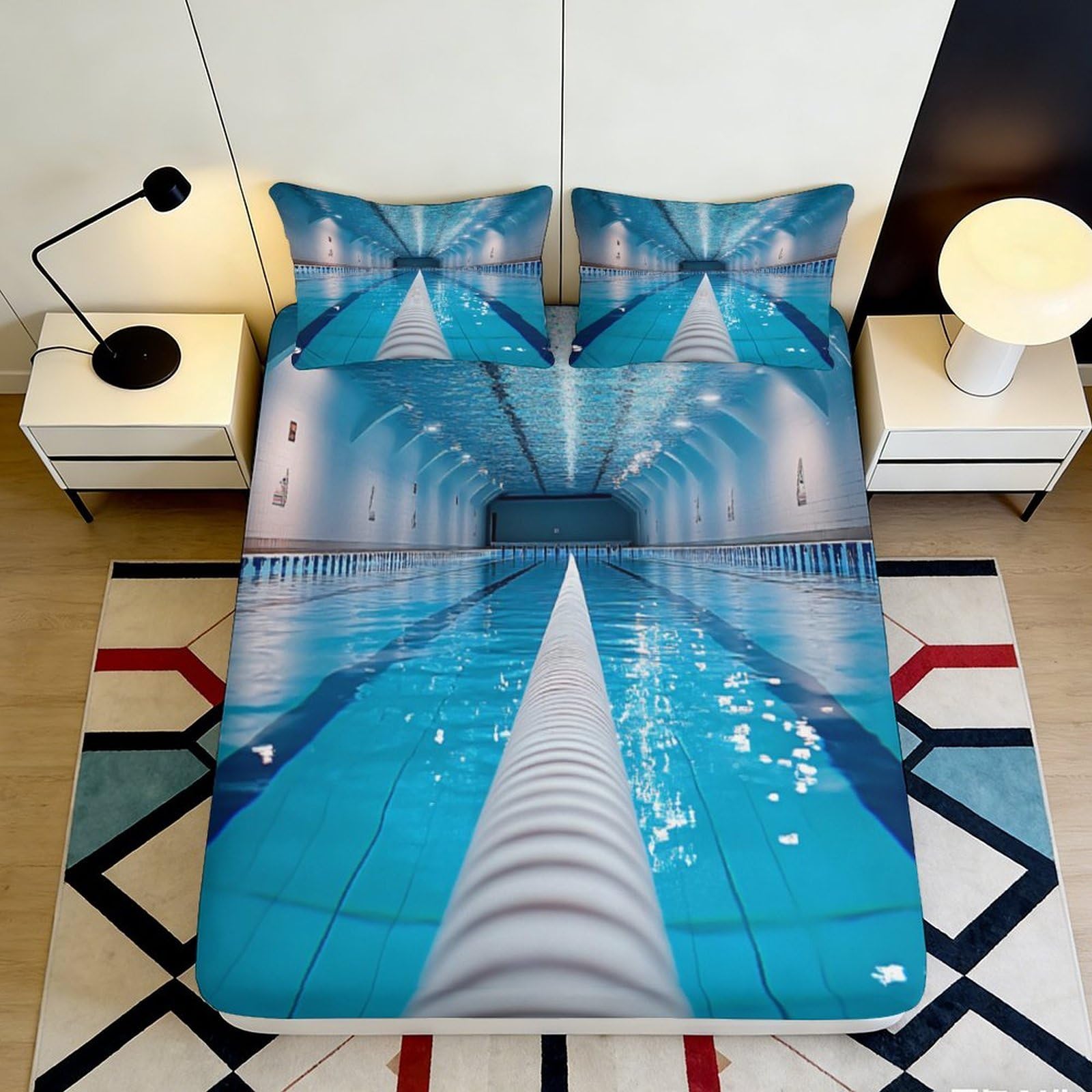 3D Printed Swimming Pool Tunnel Fitted Sheet Microfiber Soft Mattress Cover for Bedroom Decor Protection 90x200x25cm