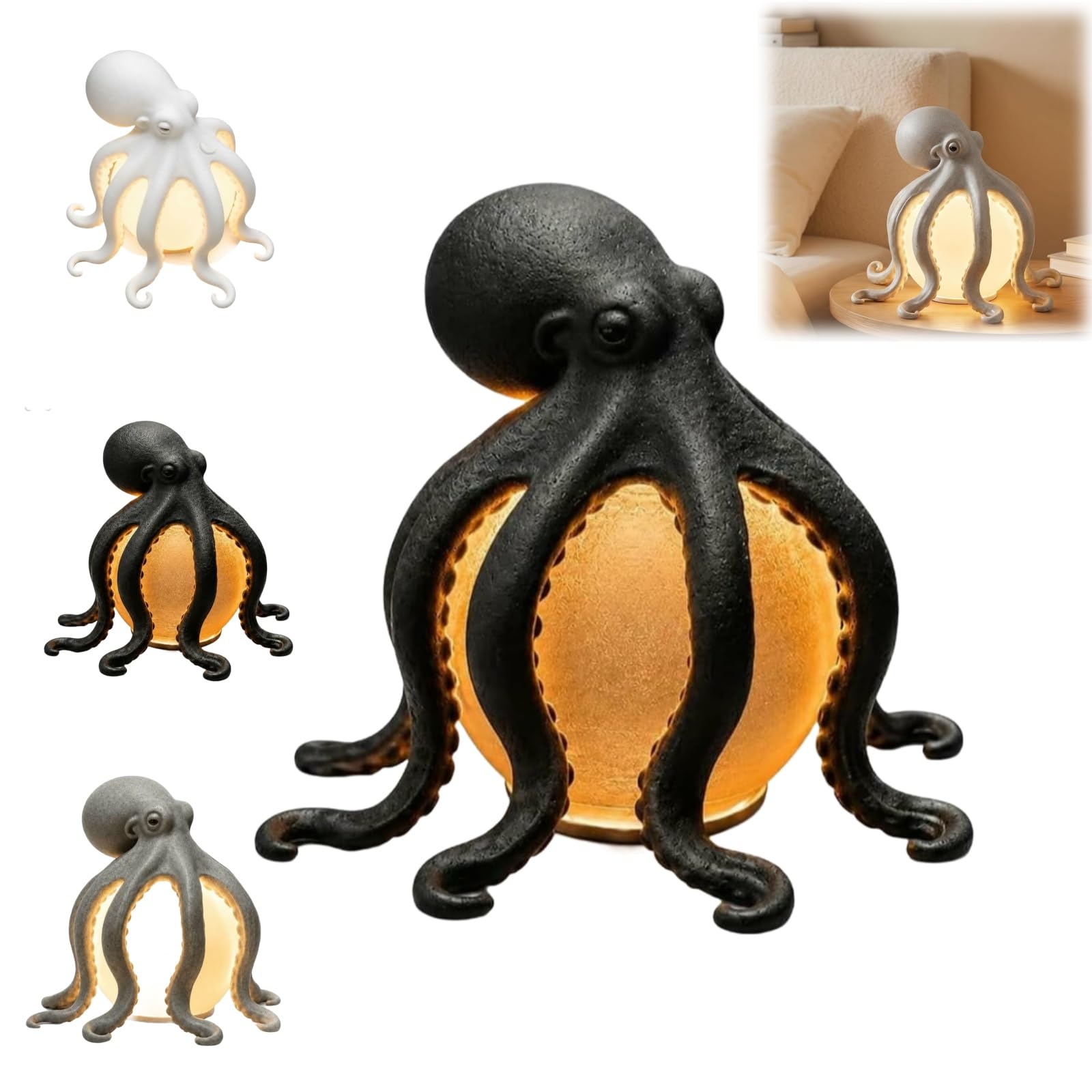 Octopus Ocean Decor Table Lamp,Sculpted Resin Octopus Led Night Light (Black)