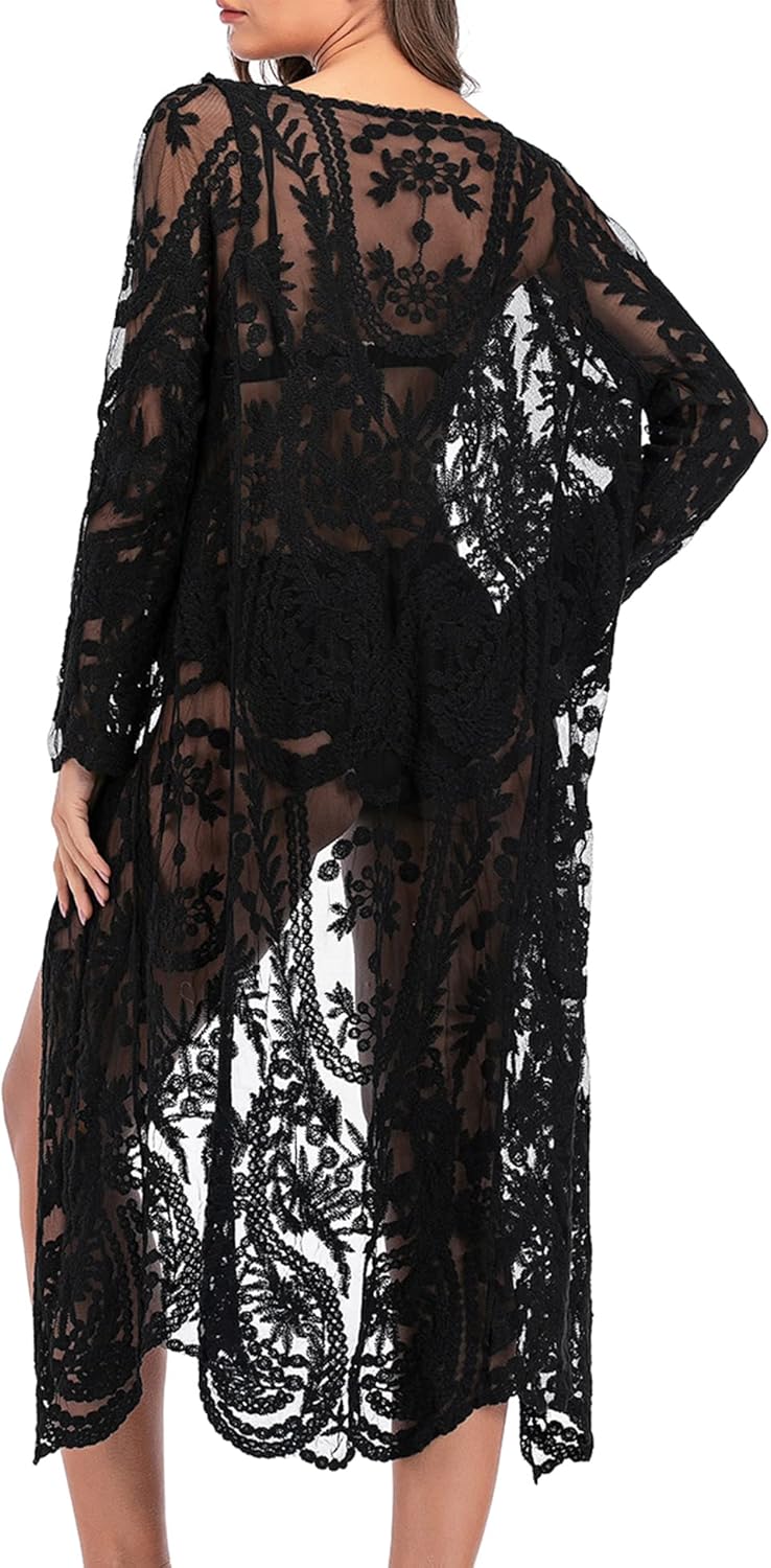 Women's Lace Cardigan Floral Crochet Sheer Beach Cover Ups Long Open Kimono
