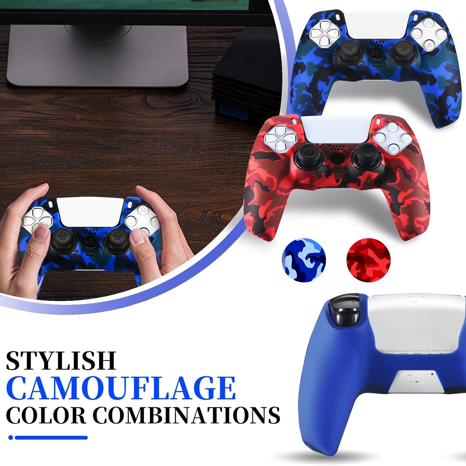YoRHa Studded Printing Silicone Rubber Customizing Skin Cover for PS5 Dualsense Controller x 2(Red+Blue) with Pro Thumb Grips x 10 7 71aEzJaPNjL. AC SL1500