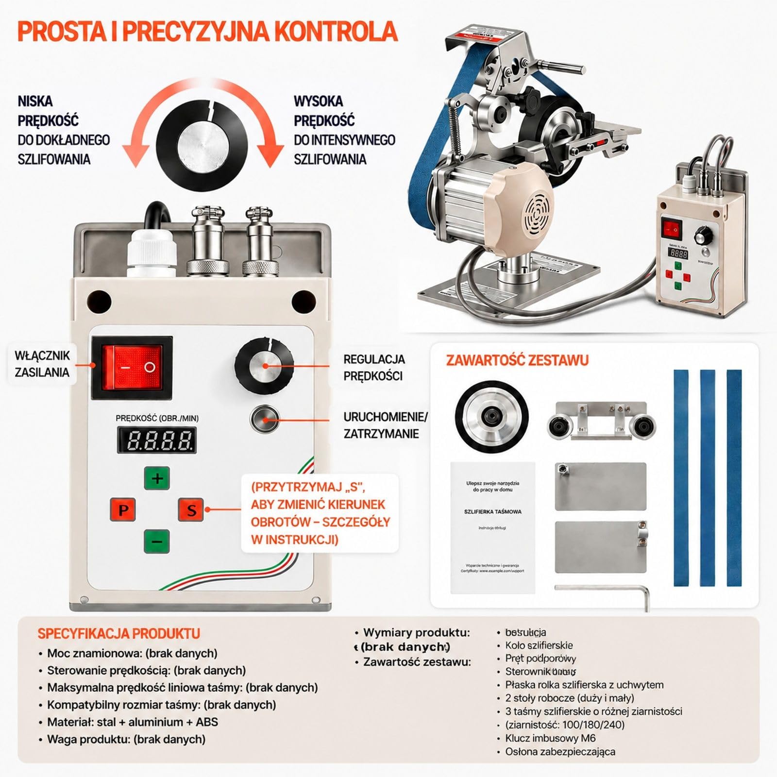 Stacjonarna szlifierka taśmowa 550 W z 3 pasami ściernymi, regulacja 200–5000 obr/min, praca pionowa lub pozioma do metalu i drewna
