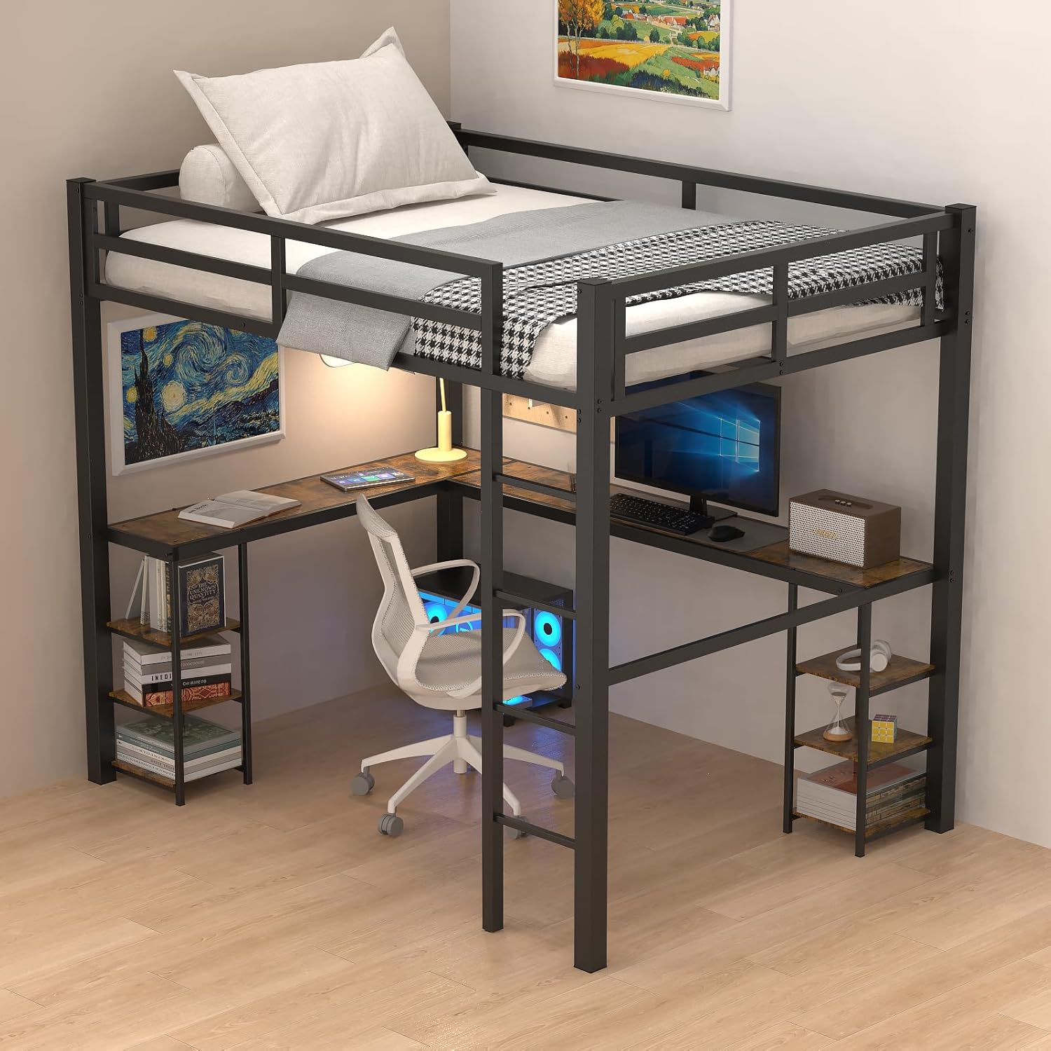 Assembled Full Size Loft Bed with Desk and Shelves in a room setting.