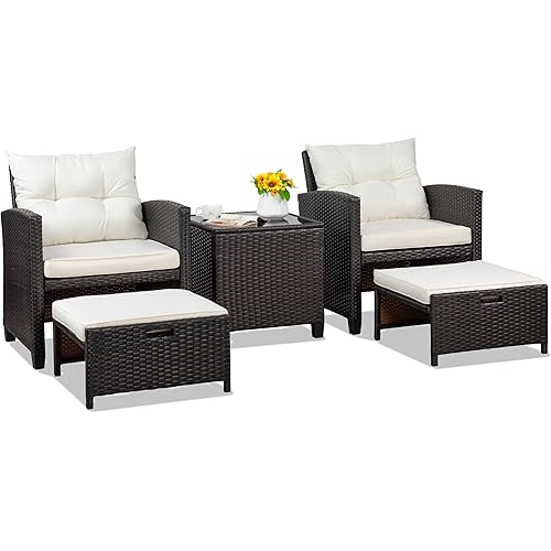 Shintenchi 5 Pieces Patio Furniture Set, Outdoor Wicker Patio Conversation Set with Ottoman, All Weather Rattan Outside Chairs with Coffee Table & Cushion for Porch, Garden, Backyard, Beige