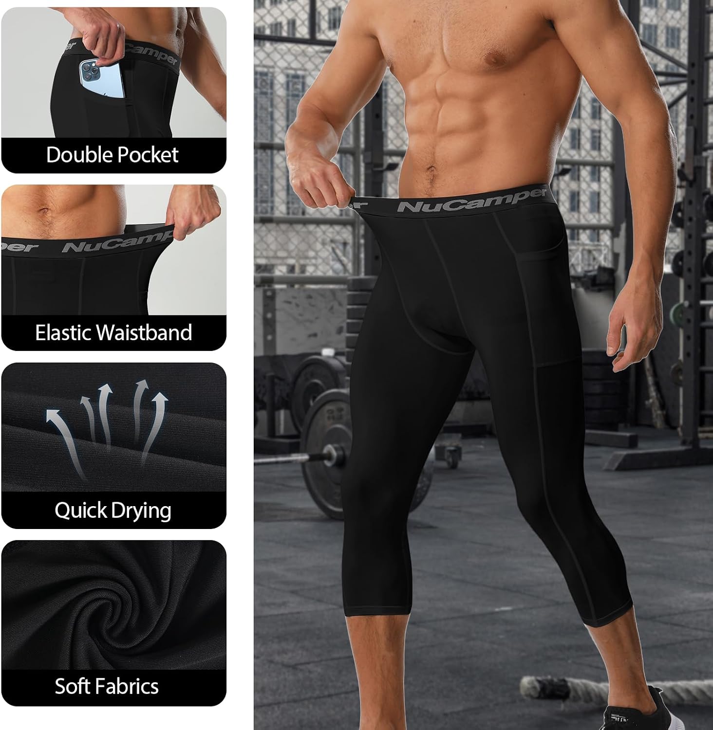NuCamper Men's 3/4 Compression Pants with Pocket Cool Dry Athletic Leggings Workout Capri Tights Running Base Layer Bottoms