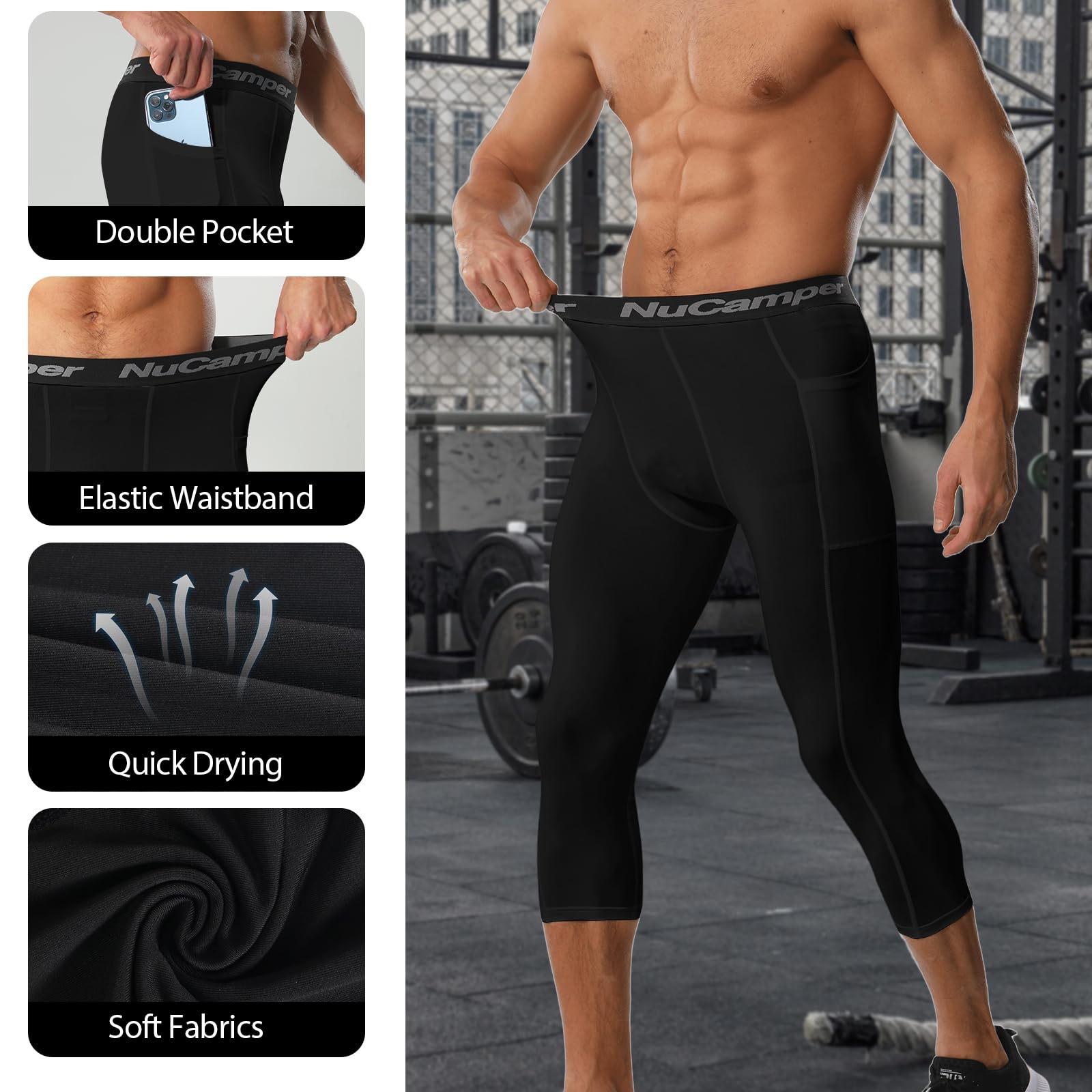 NuCamper Mallas Hombre 3/4 Leggings Pantalones de Compresión para Hombre con Bolsillo, Pantalones Deportivas de Compresión, Capa Base de Secado Rápido para Gimnasio Entrenamiento