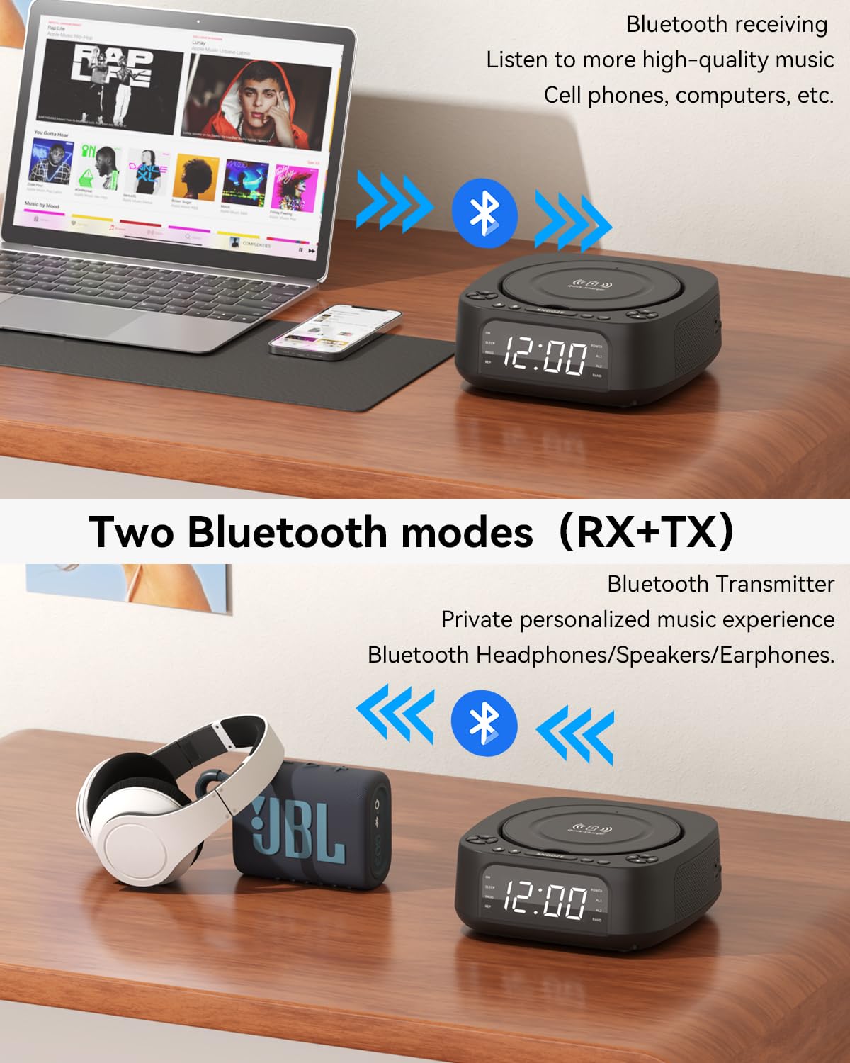 MONODEAL CD Player Tragbar mit Wireless Charger für Telefon, Tragbarer CD Player Bluetooth und FM Radio Für Zuhause, Fernbedienung,Groß Display, Wecker, SleepTimer