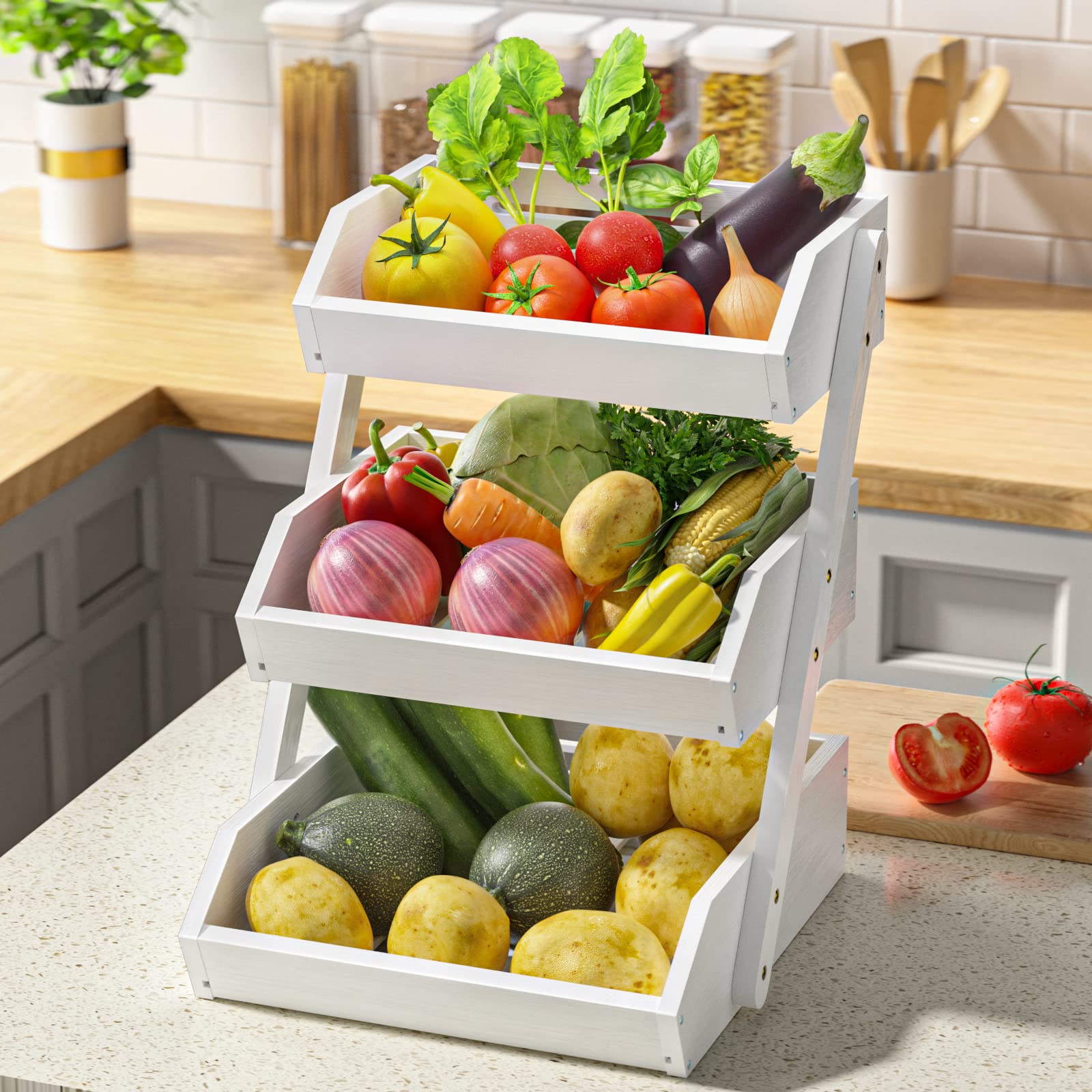 Supporto Frutta A 3 Piani In Bambù - Organizzatore Cucina, Per Frutta, Verdura E Pane, Nero - Foto 2