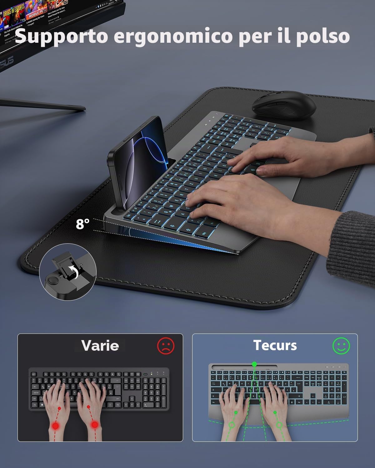 TECURS Tastiera senza fili con poggiapolsi 2.4 GHz, ergonomica, QWERTZ, retroilluminazione, silenziosa, ricaricabile, per Windows, PC, laptop