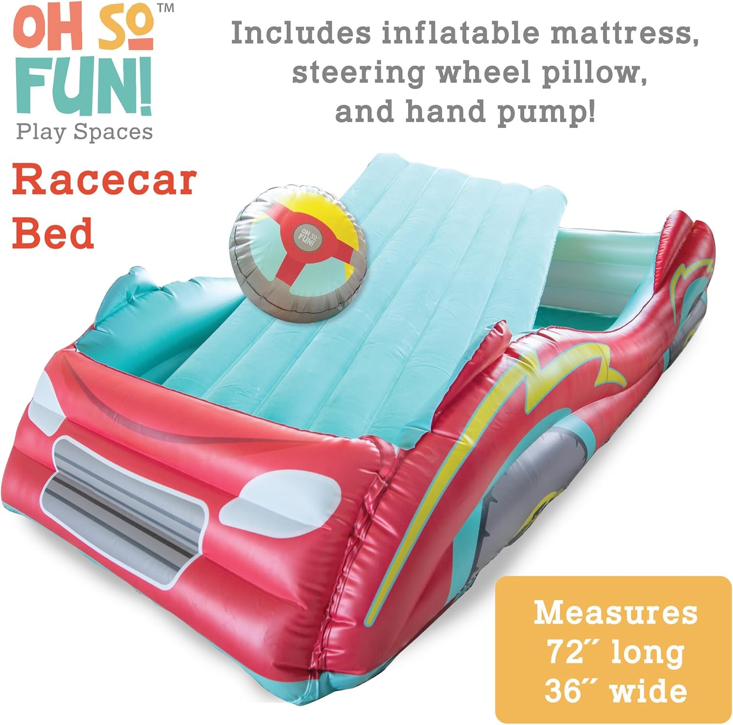 MindWare Oh So Fun! Inflatable Racecar Bed - Twin Size Kids Travel Car Mattress with Sides Including Hand Pump & Storage Bag