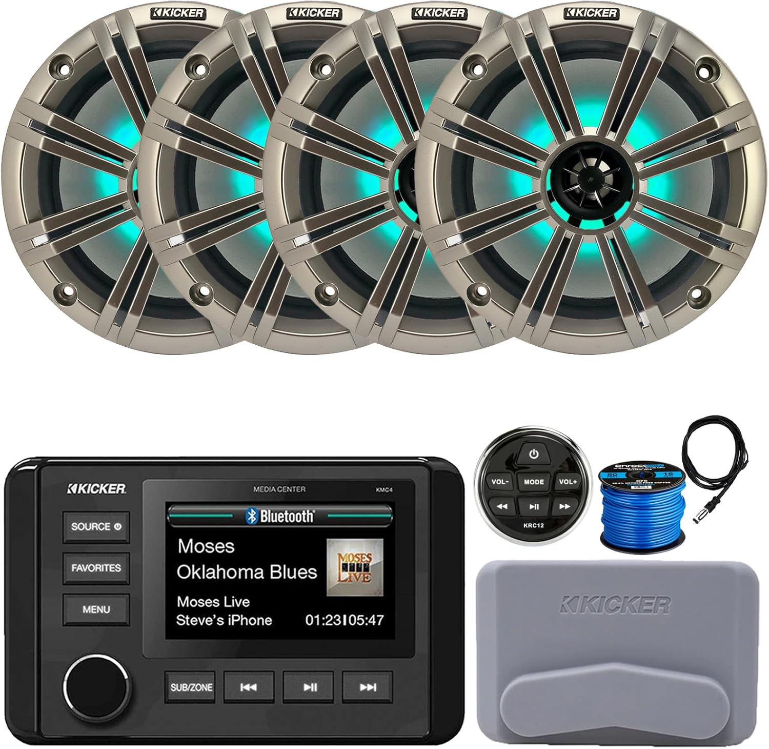 KICKER 51KMC4 3" LCD Marine Bluetooth Weather-Resistant Gauge-Style AM/FM WB/USB/AUX Media Center Receiver W/Remote Control, 4X 8 300W Max Power RGB LED Boat Speakers W/Silver Grilles, Antenna, Wire