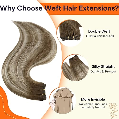 Miniatura 5 de Full Shine Trama de cabello humano real Remy, para extensiones cosidas, 3.70 oz (105 g). 18 pulgadas (45.72 cm), mezcla de castaño rojizo y rubio