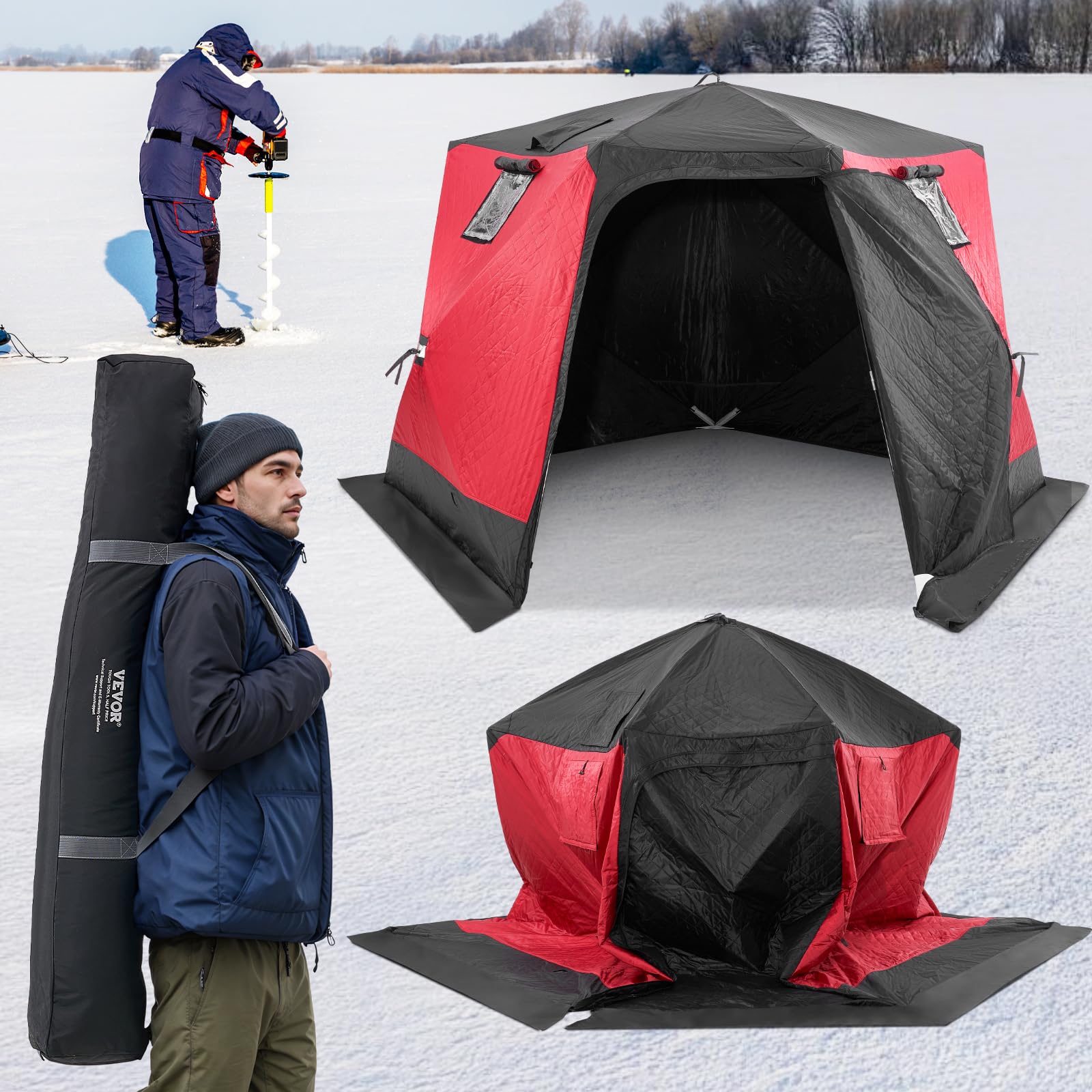 VEVOR Refugio de Hielo Portátil 3,3x3,3x2 m Tienda de Campaña para Pesca en Hielo Emergente para 6-8 Personas Cubo de Hielo de Oxford Impermeable con Anclas/Cuerdas/Bolsa de Transporte, Negro y Rojo