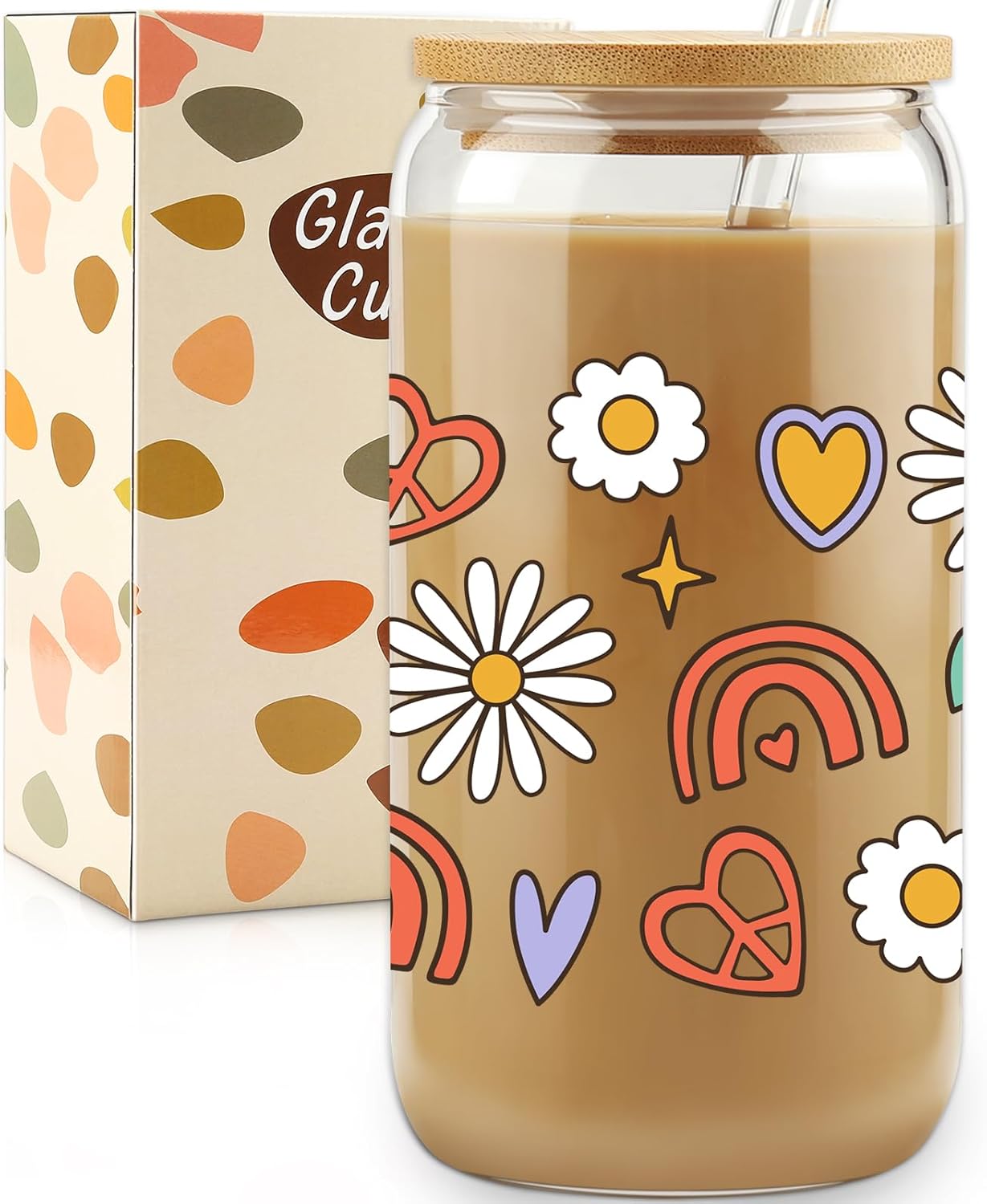 Vaso de Vidrio Retro Groovy de 16 oz con Tapa y Pajilla HBESTIE