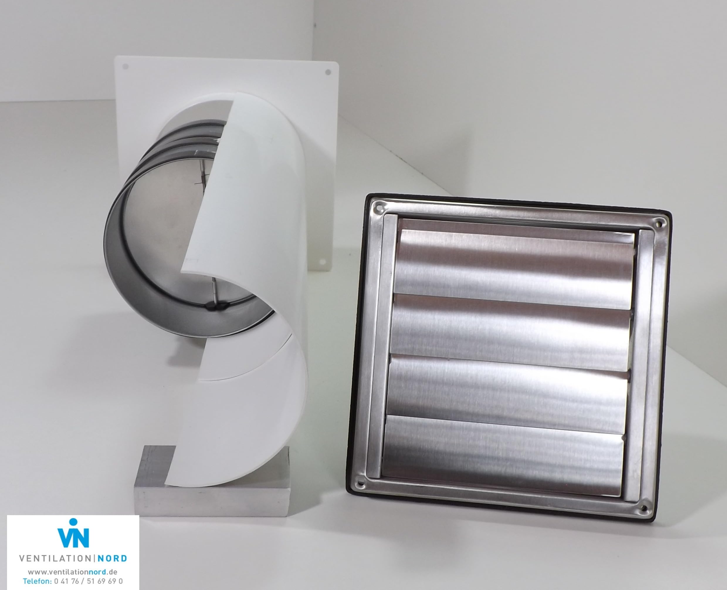 VentilationNord Edelstahl Mauerkasten mit Rückstauklappen für Dunstabzugshauben 150mm mit Blower Door Test Zertifikat Lüftungsgitter mit Lamellen Mauerdurchführung mit ausgezeichneter Wärmeeffizienz