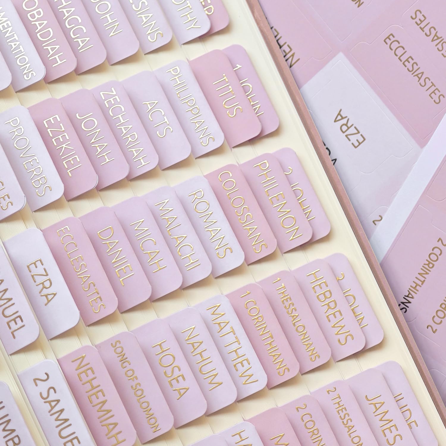 Laminated Bible Tabs, Bible Study Supplies, Large Print Bible Book Tabs for Women and Men, (Gold Foil Embossed Lettering) Bible Labels Index Tabs, Bible Accessories for Easy Navigation(Pink)