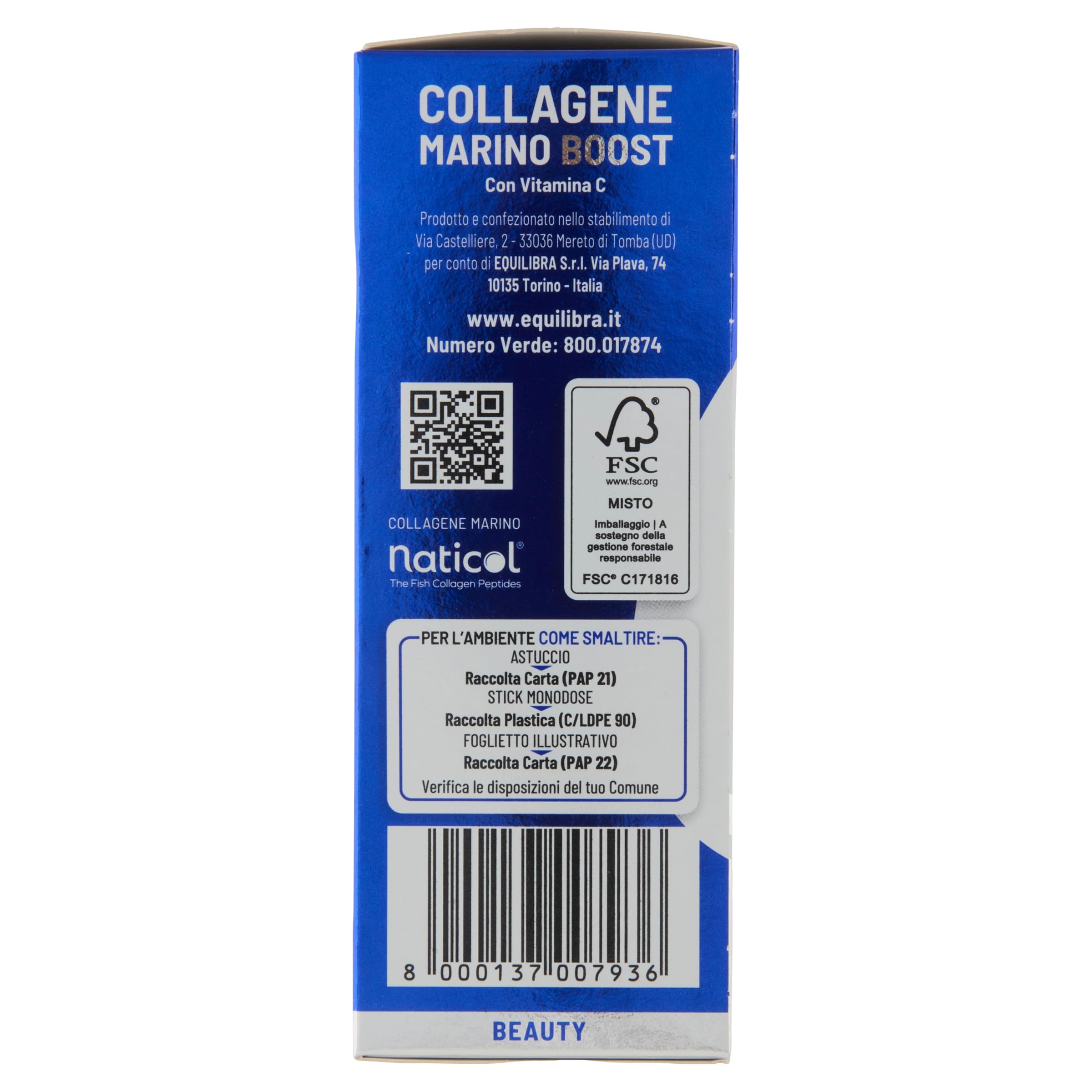Equilibra, Collagene Marino Boost Idrolizzato Naticol®, 14 Stick Monodose, 2500 mg Collagene per Dose, 80 mg Vitamina C per Dose, Collagene Tipo I e III, Mantenimento del Tono, Elasticità della Pelle