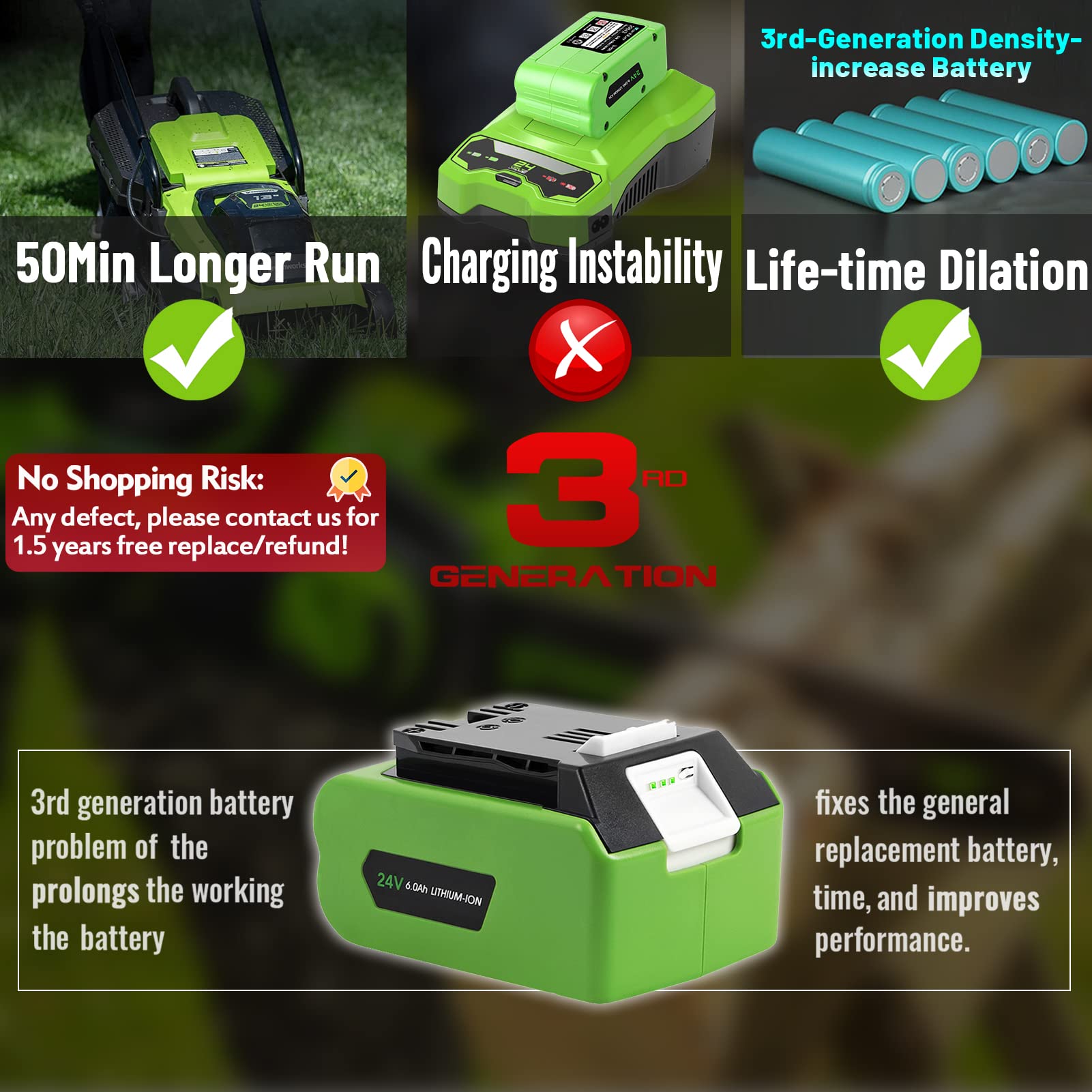 Upgrade! TenHutt 24V 6.0Ah Replace Battery for Greenworks 29842 29852 Lithium Battery Compatible with 20352 22232 2508302 ï¼ˆONLY for 24V Tools, NOT for 48V Toolsï¼‰