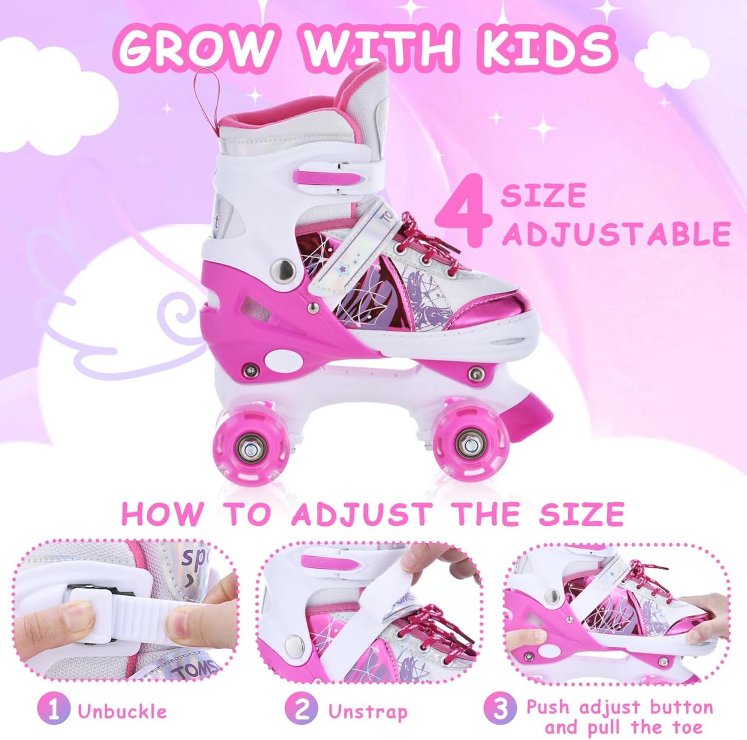 TOMSHOO Roller Skates for Girls Boys 4 Sizes Adjustable Kids Roller Skates with Light up Wheels Age 3-5 5-8 6-12 Skate Shoes for Indoor Outdoor Birthday Gift