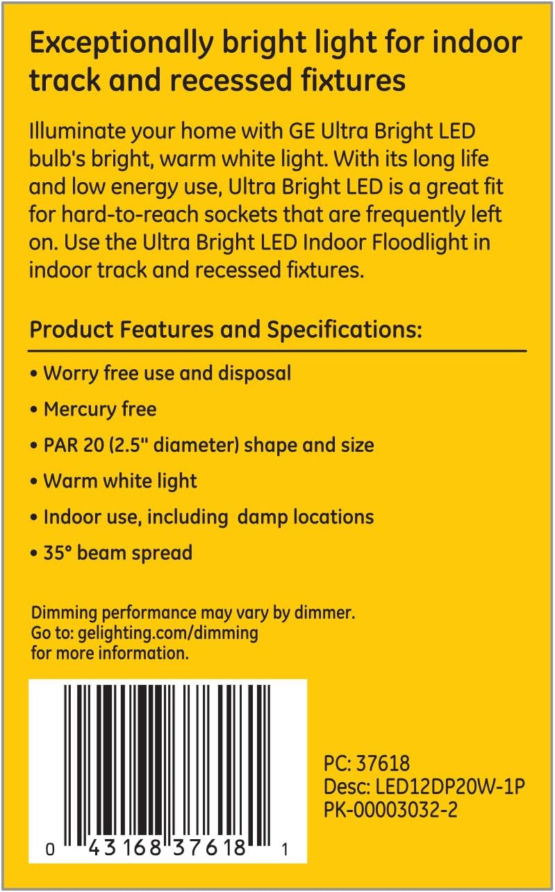 GE Lighting Nighthawk Dimmable LED Light Bulb, PAR20 Indoor Floodlight, 12-Watt (100-Watt Replacement), 1100 Lumen, Warm White, Medium Base, 1-Pack PAR20 LED Light, Recessed Light Bulb, LED Floodlight