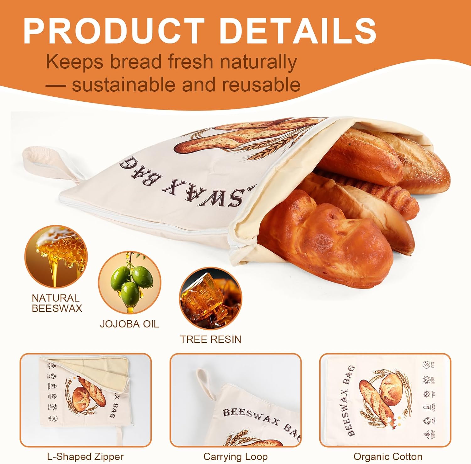 2 Pack Reusable Beeswax Bread Bags for Sourdough, Cotton Bread Bag with Wide Zipper Opening & Handle, XL Bread Bags for Homemade Bread, Keeps Bread Fresh Longer image 5