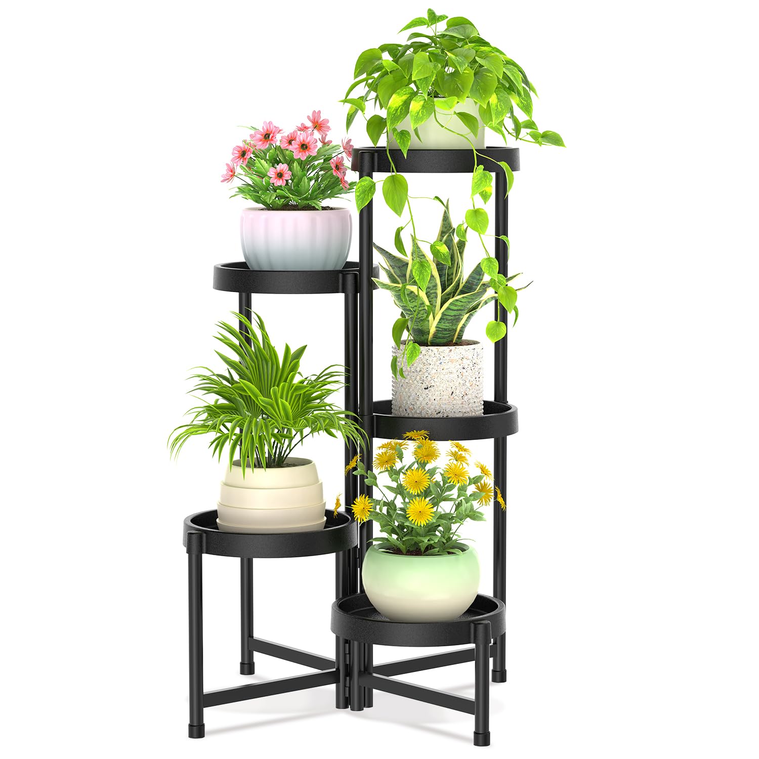 iDavosic.ly 5 Tier Folding Plant Stand Indoor Outdoor with Plastic Tray, Tiered Corner Flower Holder Shelf, Metal Orchid Display Rack for Patio Porch Living Room Garden Balcony, Modern Black