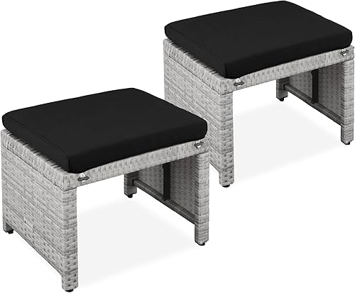 Best Choice Products Juego de 2 otomanas de mimbre, muebles de exterior multiusos para patio, patio trasero, asientos adicionales, reposapiés, mesa