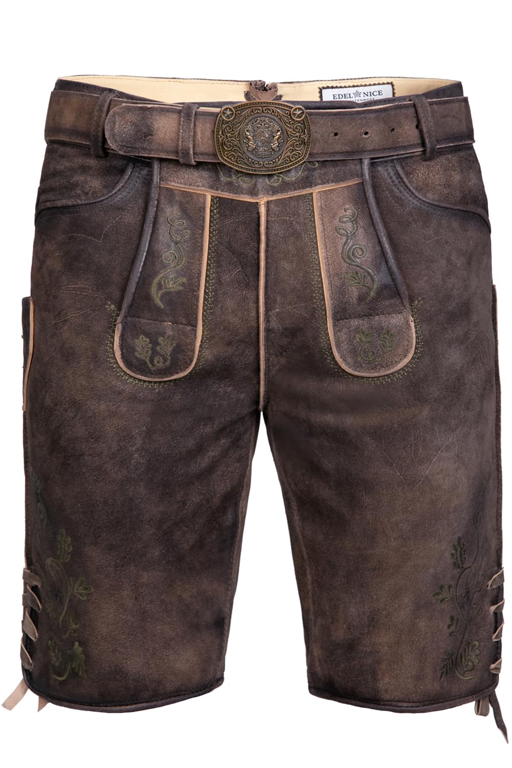 Edelnice Trachtenmode Kurze Wildbocklederhose Gustl in Dunkelbraun mit edler grüner Stickerei