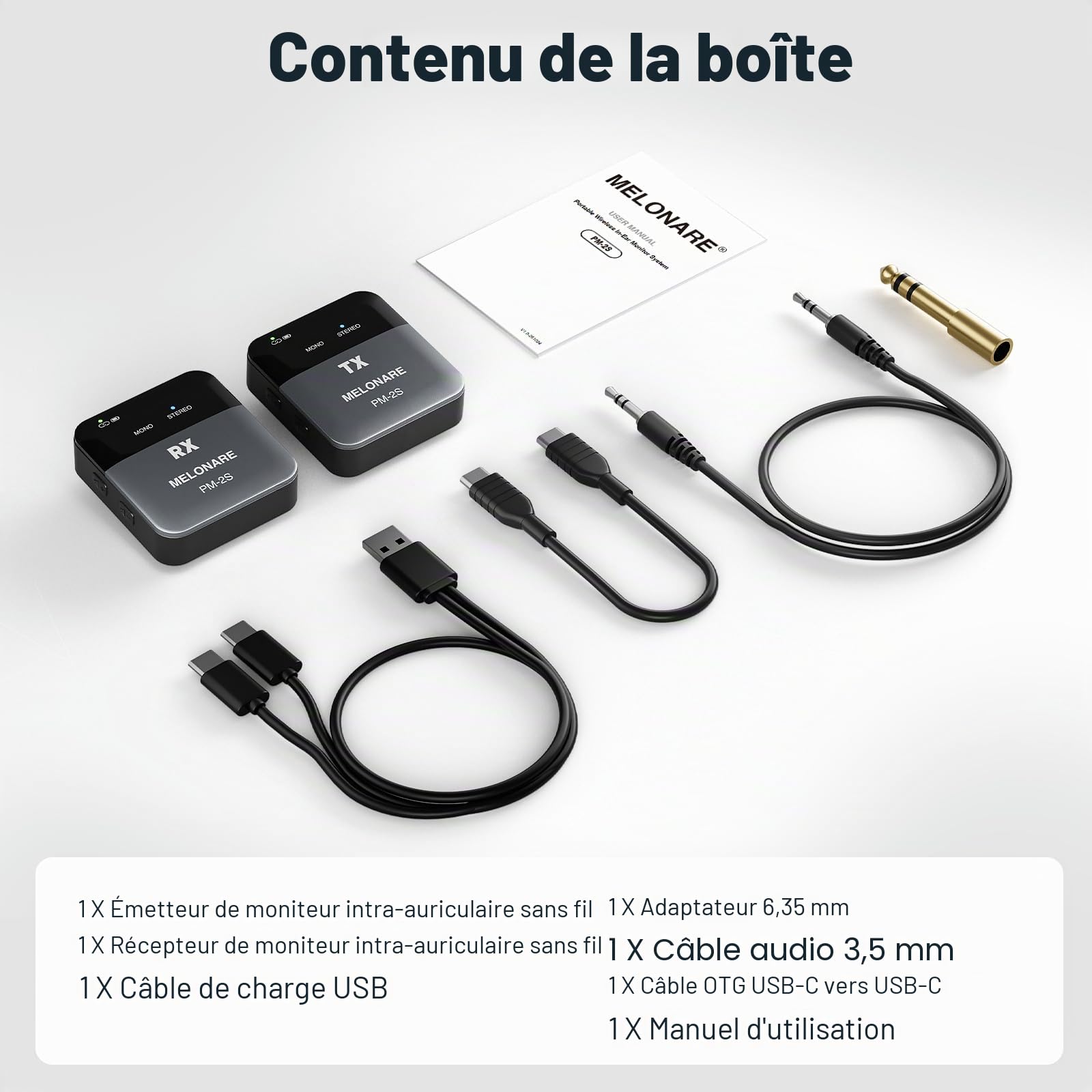 MELONARE PM-2S Système de moniteur intra-auriculaire sans fil portable, commutateur mono/stéréo, émetteur et récepteur sans fil, audio 24 bits/48 kHz, entrée OTG, IEM pour spectacles en direct