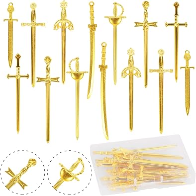 14 pcs Fake Sword Charms 7 Styles Gold Fake Knife Pendants Multi-Size Fencing Long Fake Knife Collection Metal Pendant Supplies Findings for DIY Necklace Bracelet Bookmark Key Ring with Box