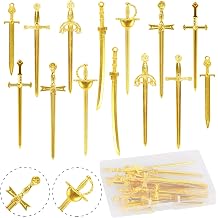 14 pcs Fake Sword Charms 7 Styles Gold Fake Knife Pendants Multi-Size Fencing Long Fake Knife Collection Metal Pendant Supplies Findings for DIY Necklace Bracelet Bookmark Key Ring with Box