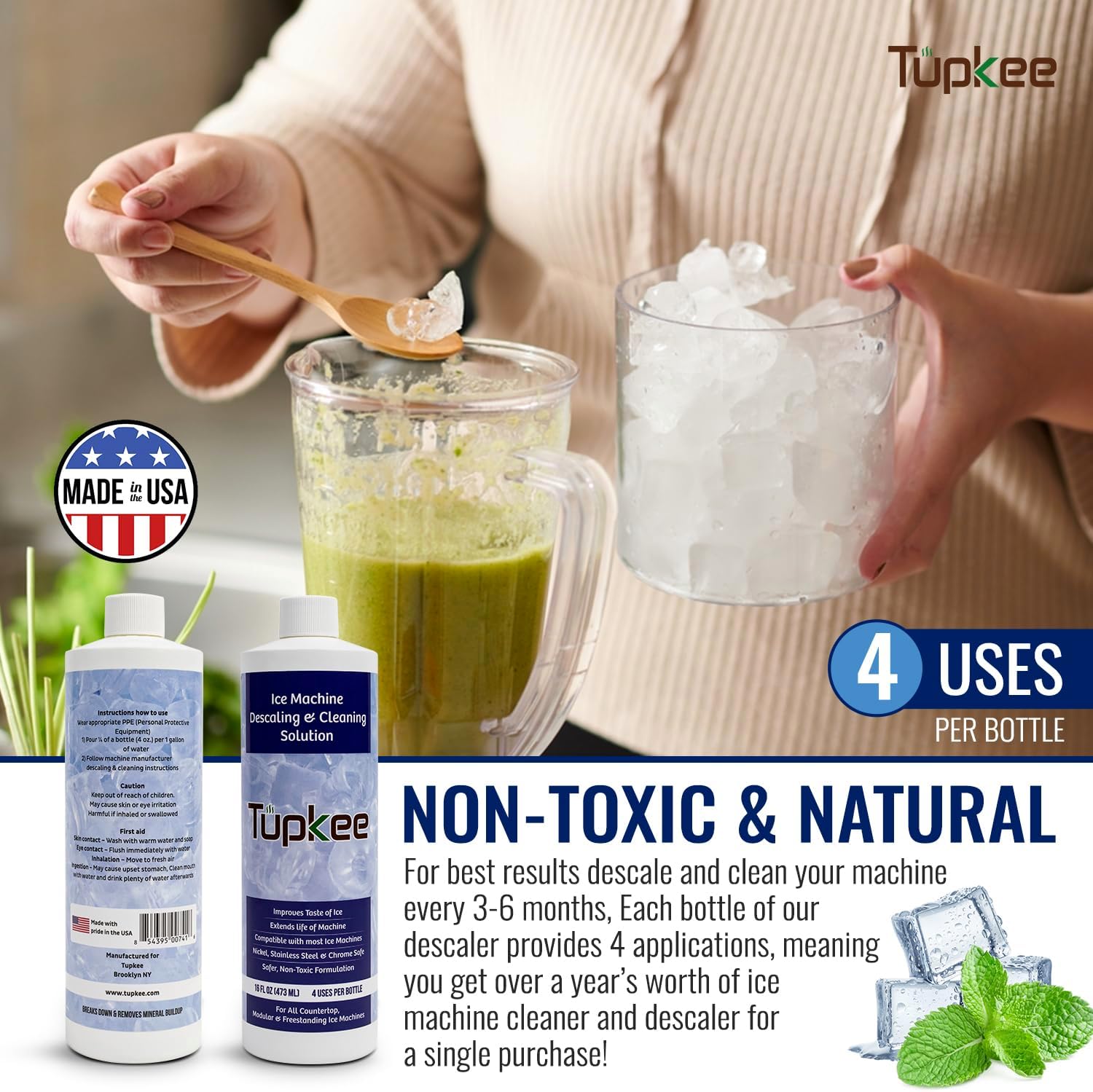 Tupkee Ice Machine Cleaner Nickel Safe - 16oz, Compatible for Affresh, Whirlpool 4396808, Manitowoc, Kitchenaid, Scotsman Ice Maker Cleaner Descaler - Pack of 4