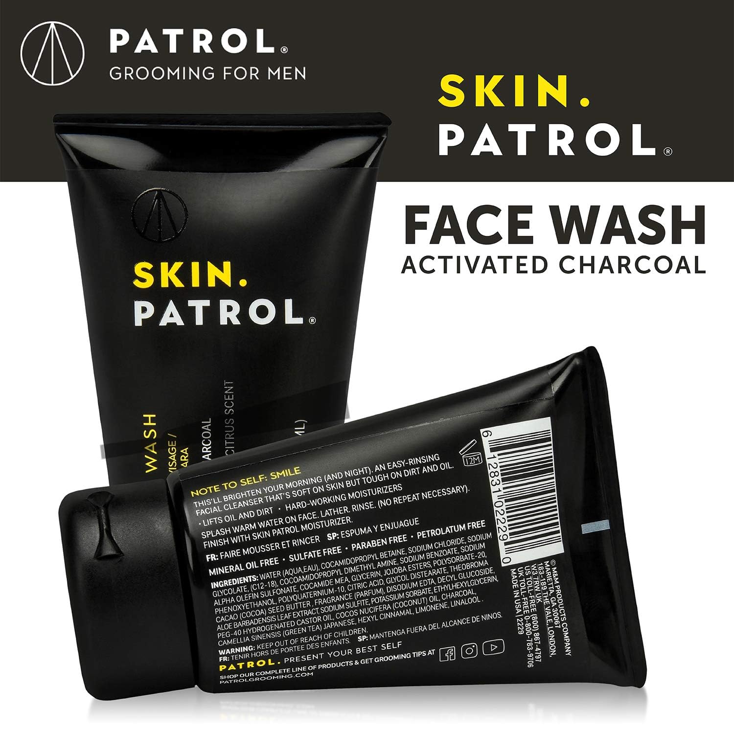 Bump Patrol Skin Patrol Activated Charcoal Face Wash for Men – Daily Deep Cleansing Men’s Face Wash for Oily Skin, Paraben and Sulfate Free Facial Cleanser, Sandalwood Citrus Scent - 3.3 fl oz