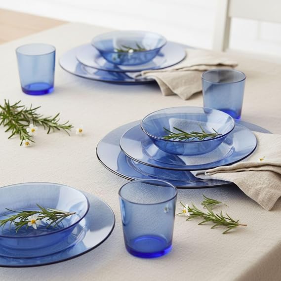 DURALEX | Complete Tableware 4 People 12 Pieces Ultra-Resistant Tempered Glass, Microwave and Dishwasher Safe - Duralex Light Blue Glass Tableware with Elegant and Durable Design