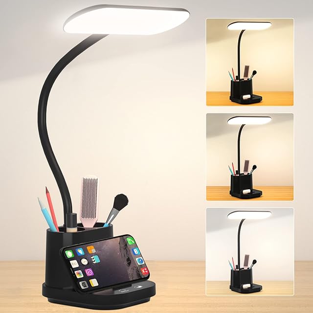 DEEPLITE LED Battery Operated Desk Lamp with Pen/Phone Holder 8W Cordless Study Reading Lamps, Touch Control 3 Color Modes, Stepless Dimming, 800lm Eye-Caring College Dorm Table Lamps for Work.