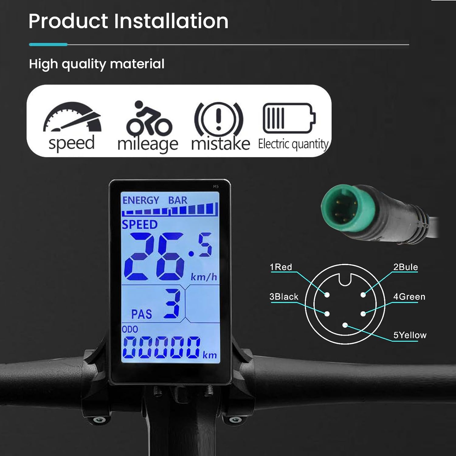 Electric Bicycle LCD Display, 5 Pin 24V 36V 48V 60V Electric LCD Display Meter M5 Panel Screen Replacement for 31.8mm 22.2mm Handlebar Electric Bicycles, Mountain