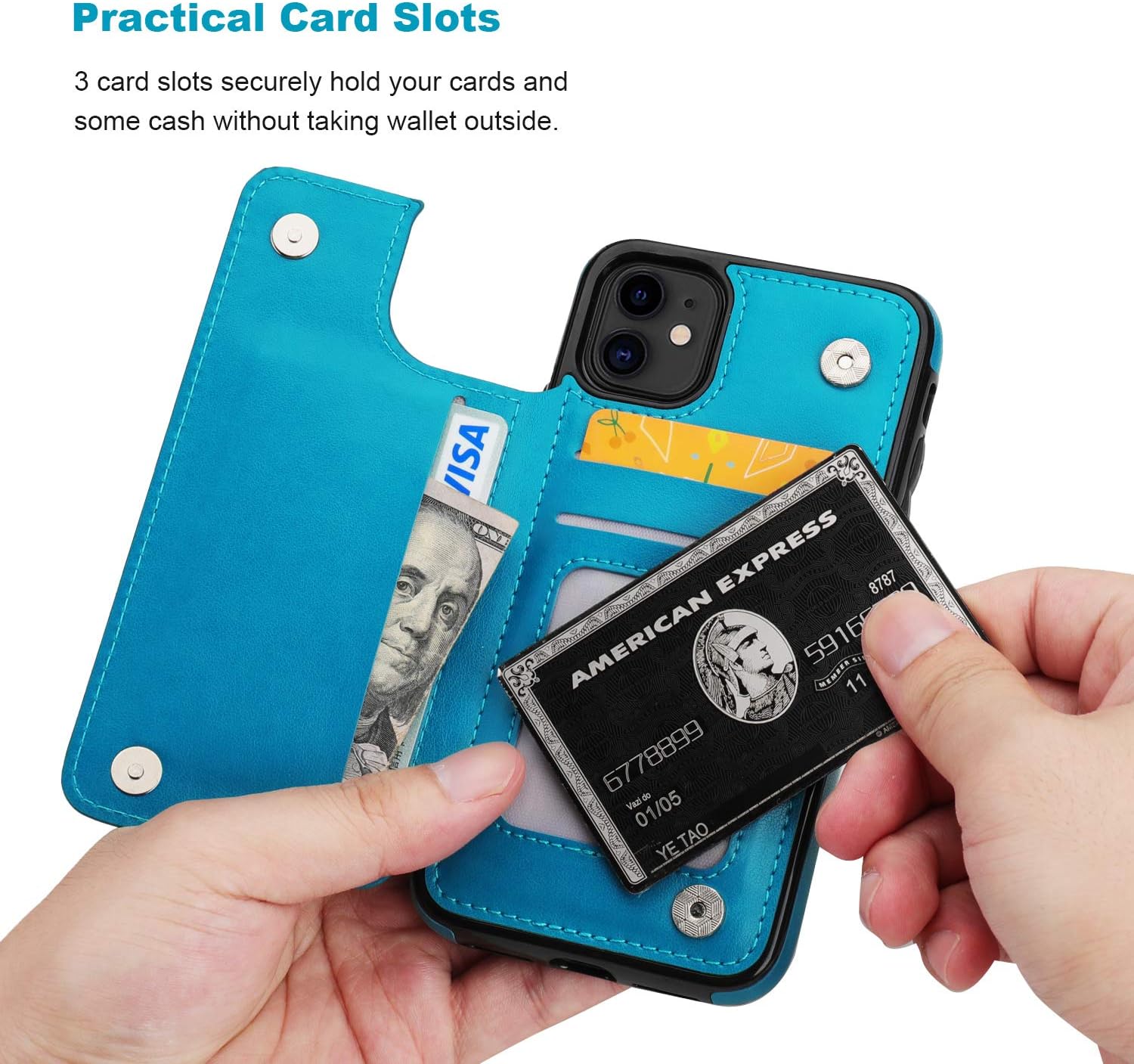 Vaburs Compatible with iPhone 11 Case Wallet with Card Holder, Embossed Mandala Pattern Flower Premium PU Leather Double Magnetic Buttons Flip Shockproof Protective Cover for 6.1 Inch, (Blue) - Image 6