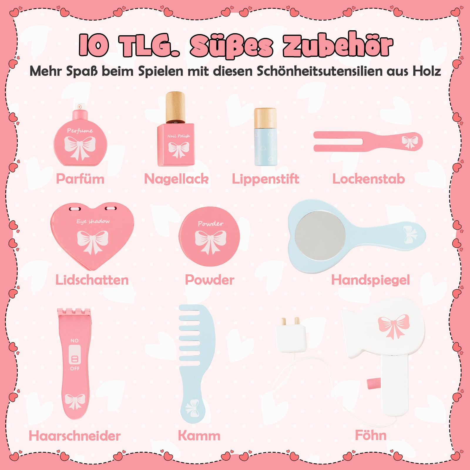 DREAMADE 2 in 1 Kinder Schminktisch mit 10 TLG. Spielzubehör und Hocker, Prinzessin Frisiertisch mit Schublade & 3 Ablagen, Kinderschminktisch aus Holz für Mädchen ab 3 Jahren, weiß