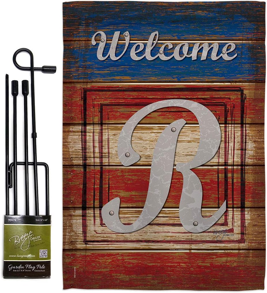 Patriotic R Initial Garden Flag Set with Stand Monogram Americana Star and Stripes Patriotism Independence Memorial United State American Small Gift Yard House Banner Double-Sided 13 X 18.5