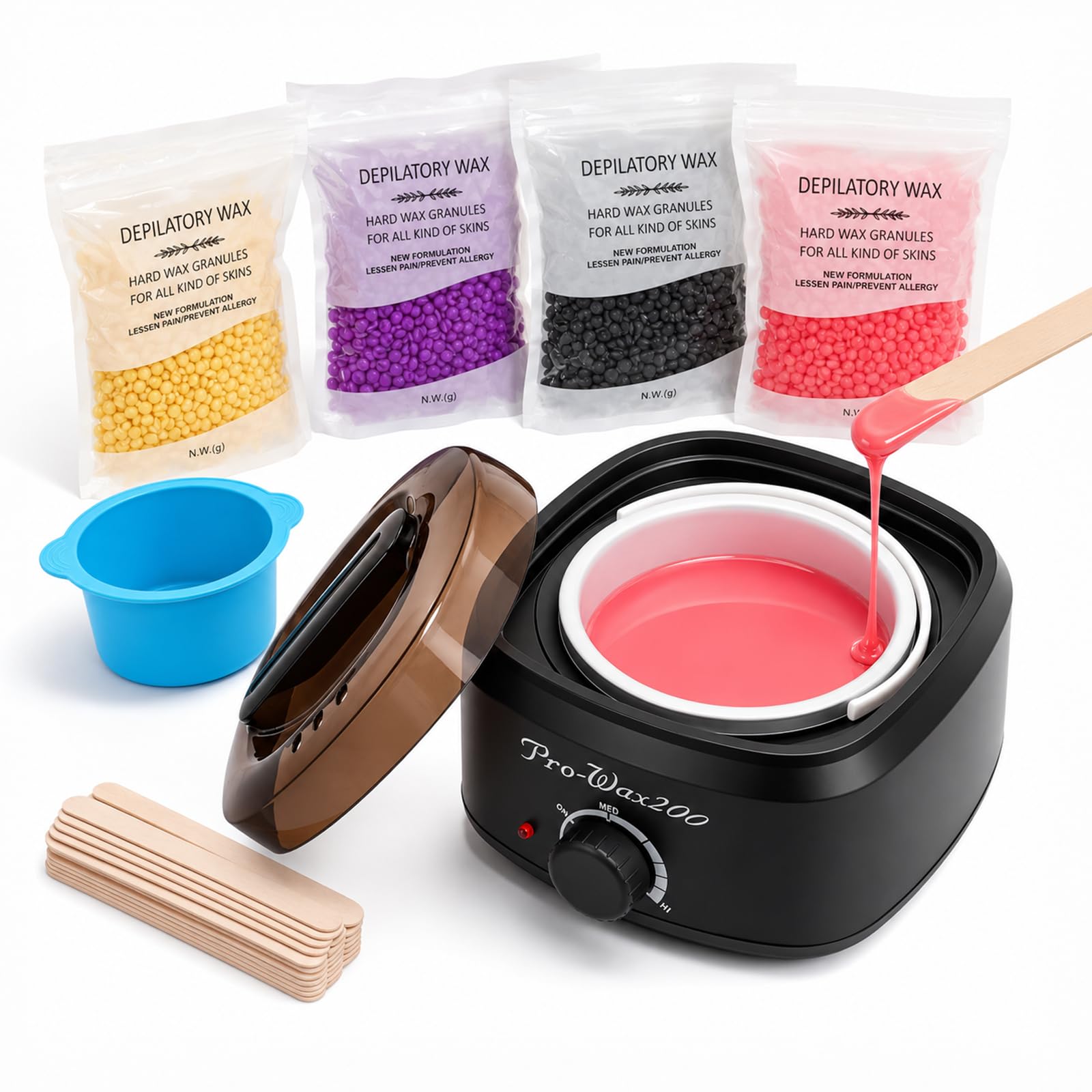 Scaldacera Kit Ceretta Brasiliana Professionale con 4 Barrette di Cera 100g, Wax Warmer per Depilazione Corpo Completo, Kit Depilazione con Ciotola in Silicone e Spatole Uomo Donna